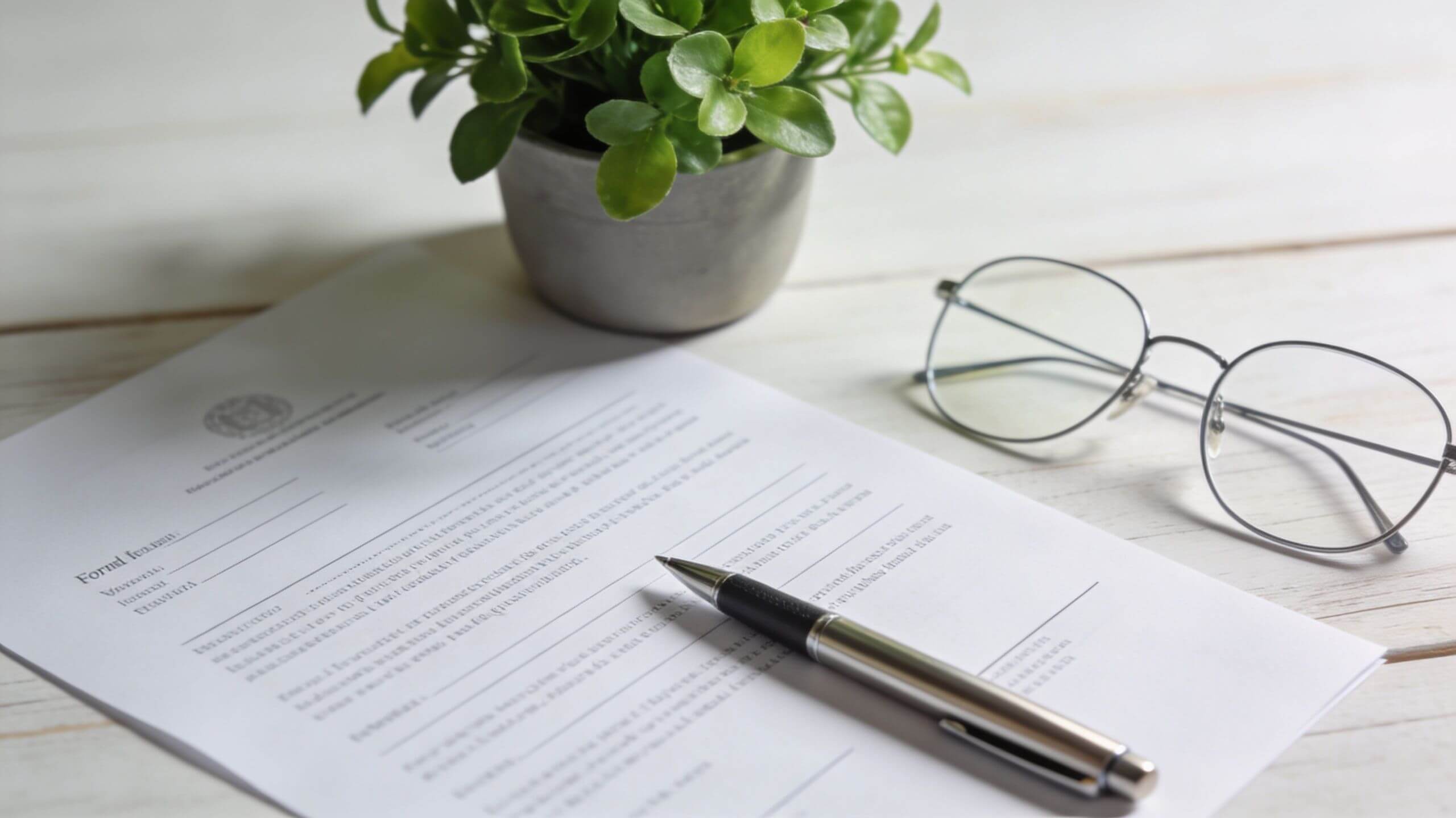 Certificados Energéticos | Guía del Contrato de Arras confirmatorias en Valencia 2026 Un documento legal, gafas y una planta pequeña sobre una mesa de madera blanca para firma.