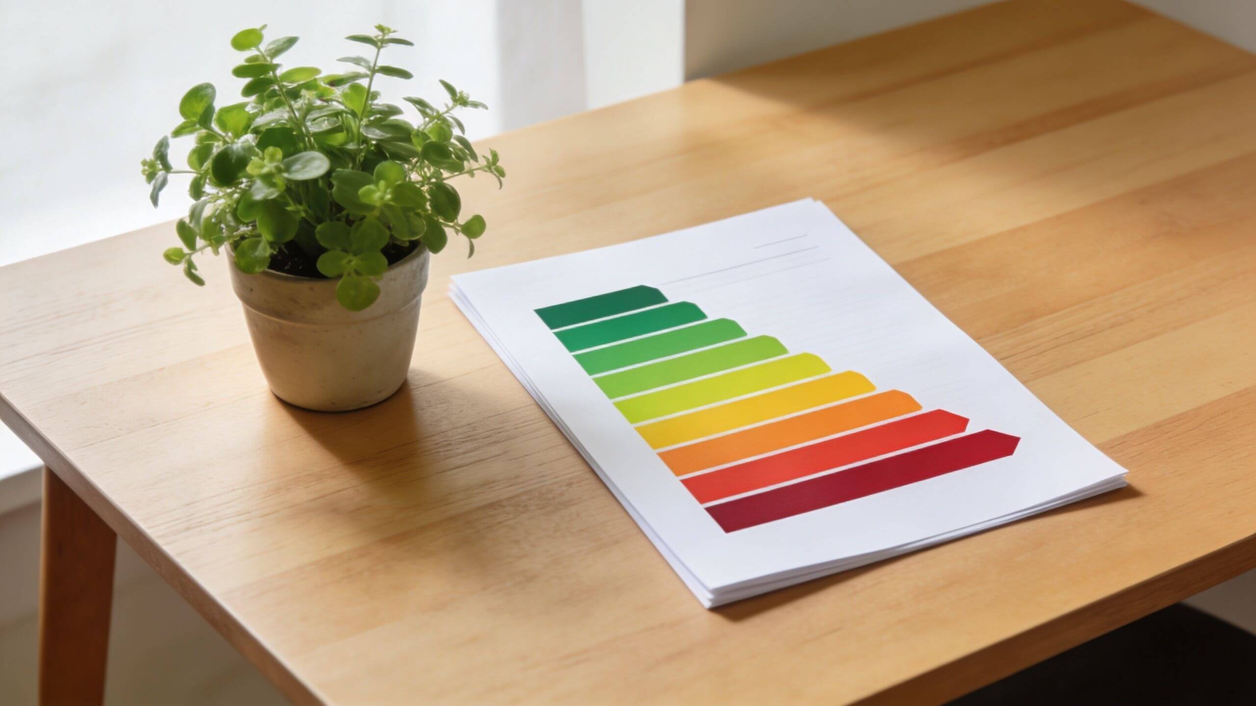 Certificados Energéticos | Superficie construida y util: Guía clave en Valencia 2026 Una planta en maceta junto a un gráfico de eficiencia energética sobre una mesa de madera.