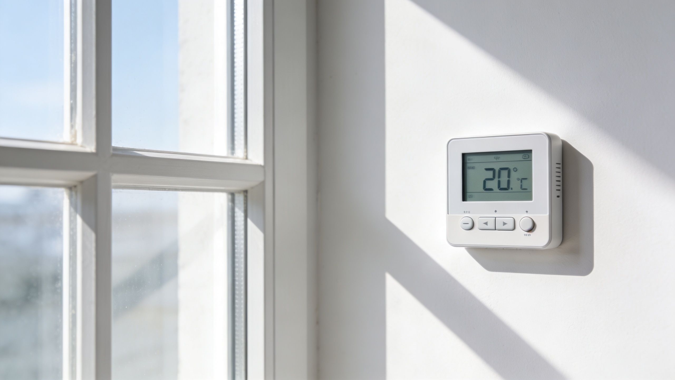 Certificados Energéticos | Qué es la superficie construida y util y cómo se mide Un termostato digital de pared instalado junto a una ventana moderna en un espacio luminoso