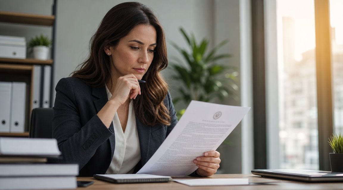 Certificados Energéticos | Guía completa 2026: Tu tasación pericial contradictoria Una abogada profesional sentada en su oficina analizando documentos legales con atención y actitud seria.