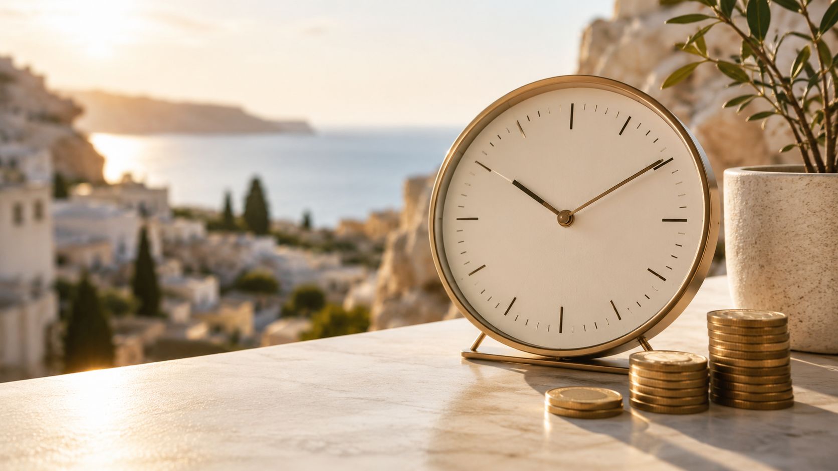 Certificados Energéticos | Guía completa 2026: Tu tasación pericial contradictoria Un reloj dorado sobre una mesa de mármol con pilas de monedas y un pequeño árbol decorativo.