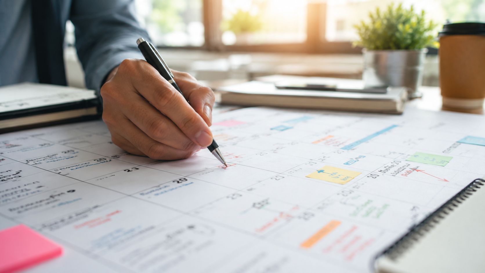 Certificados Energéticos | Guía completa 2026: Tu tasación pericial contradictoria Una persona escribiendo con un bolígrafo sobre una hoja de calendario con marcas y notas planificadas.