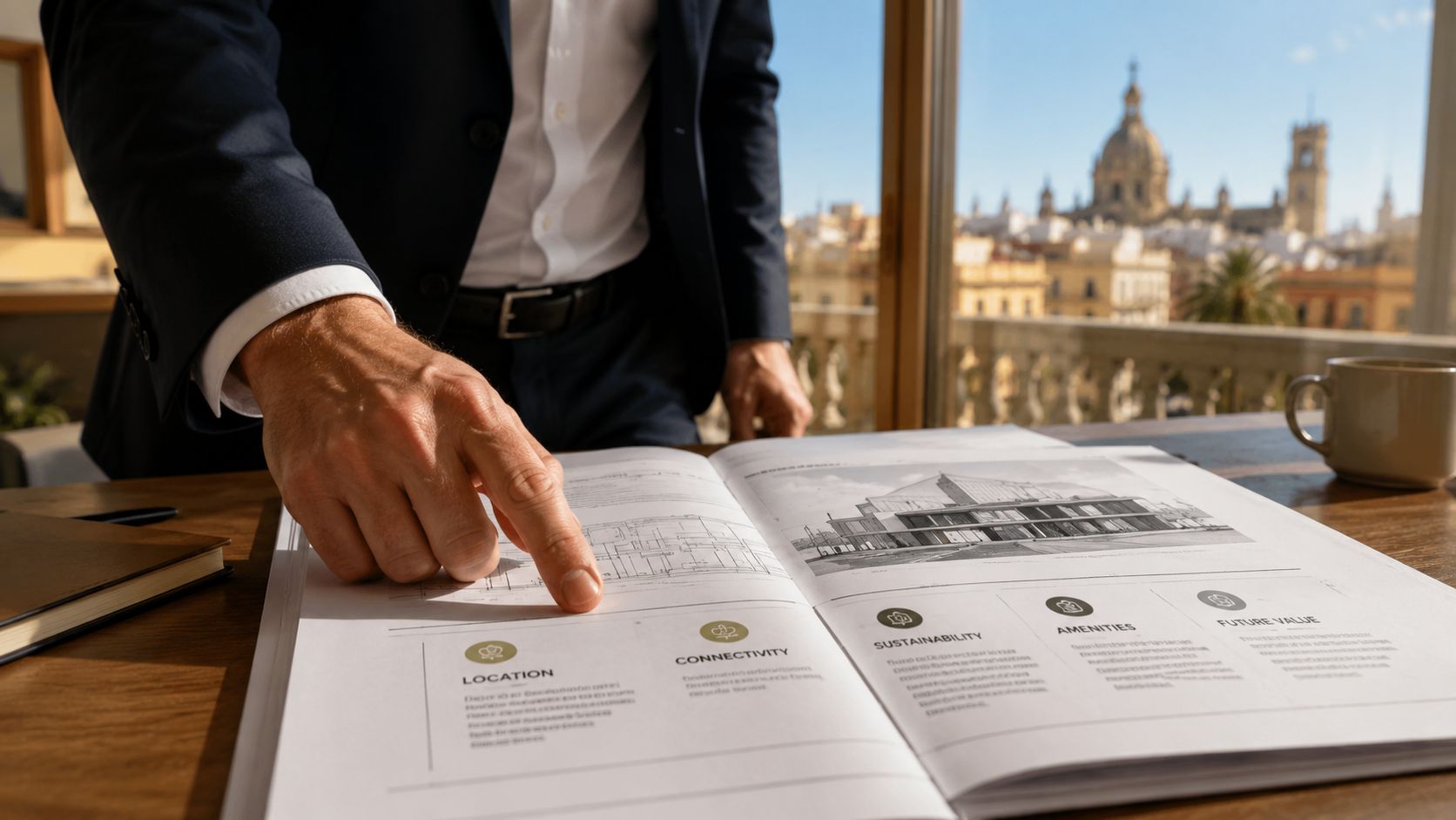 Certificados Energéticos | Guía completa 2026: Tu tasación pericial contradictoria Empresario analizando un folleto inmobiliario con planos y detalles de desarrollo urbano frente a una ciudad europea.