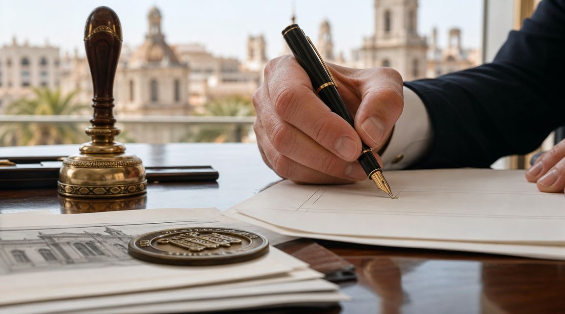 Certificados Energéticos | Diferencia de metros entre escritura y realidad Una mano de una persona firmando documentos legales importantes con un sello de notario sobre el escritorio.