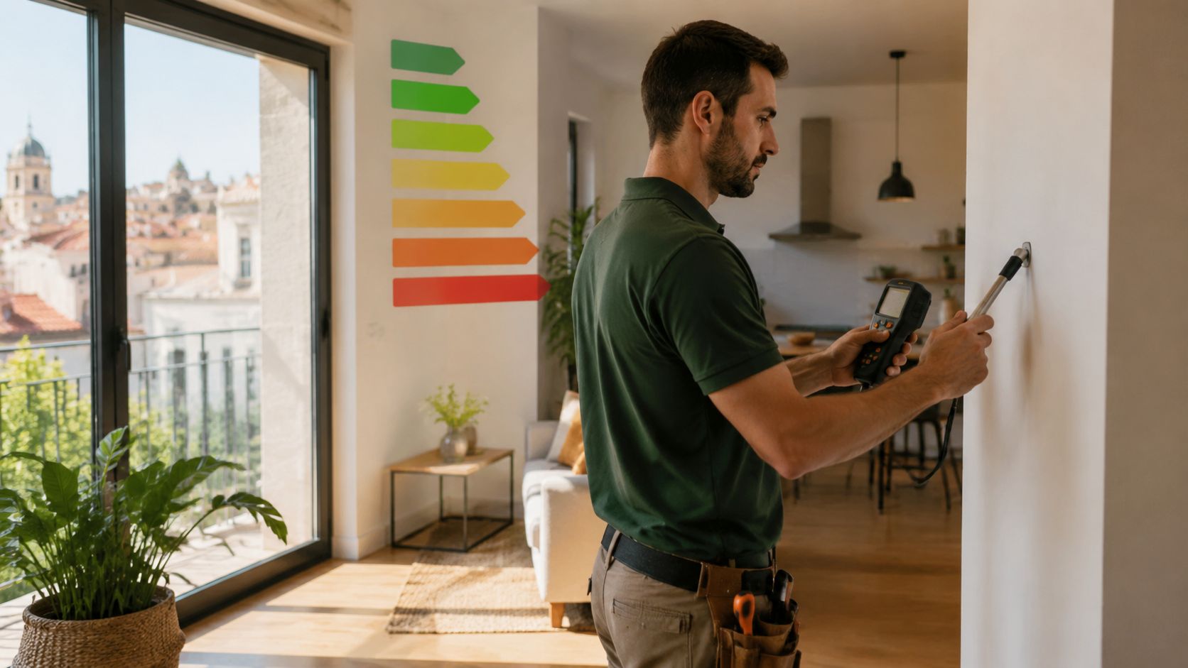 Certificados Energéticos | Diferencia de metros entre escritura y realidad Un profesional realiza una auditoría energética en una vivienda utilizando un instrumento de medición profesional.
