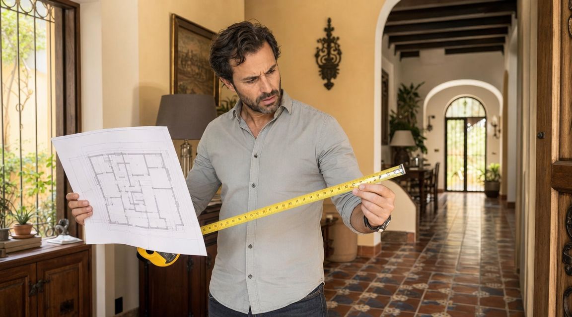 Certificados Energéticos | Diferencia de metros entre escritura y realidad Un hombre revisa un plano arquitectónico con una cinta métrica en un elegante vestíbulo de estilo colonial.