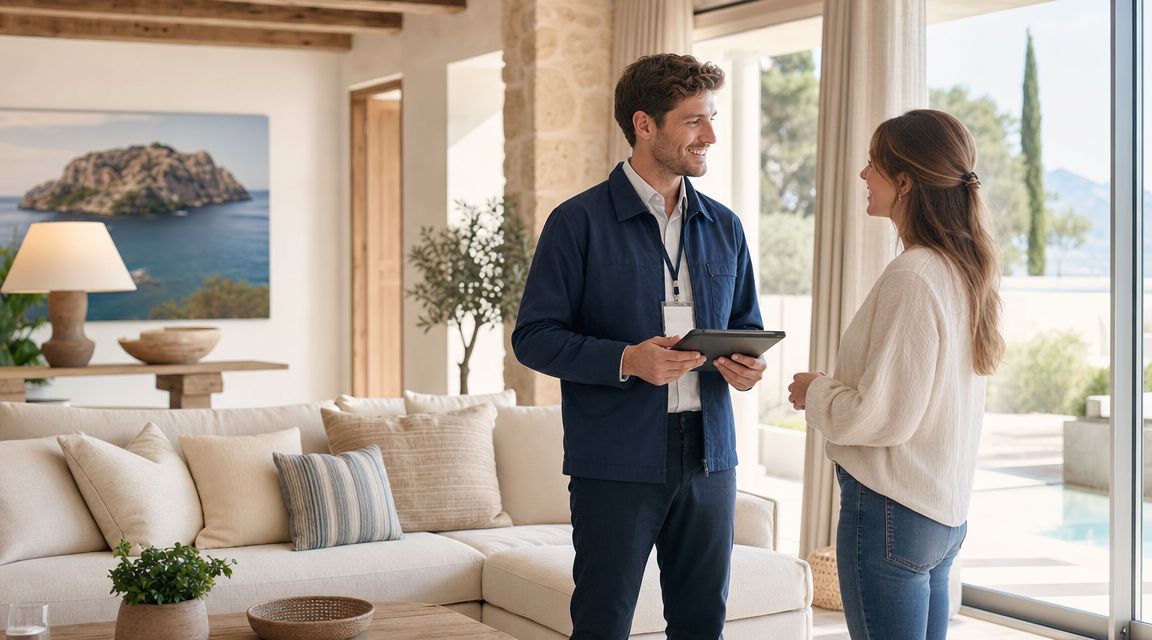 Certificados Energéticos | Registro Certificado Energético Baleares Un técnico inmobiliario con una tableta hablando con una cliente en un salón moderno y luminoso.