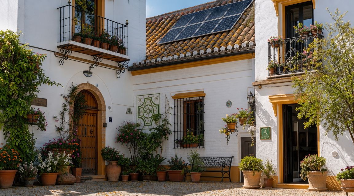 Certificados Energéticos | Tu certificación energética en Sevilla en 24h Patio típico andaluz con macetas florecientes, paredes blancas, tejas antiguas y paneles solares instalados en el tejado.