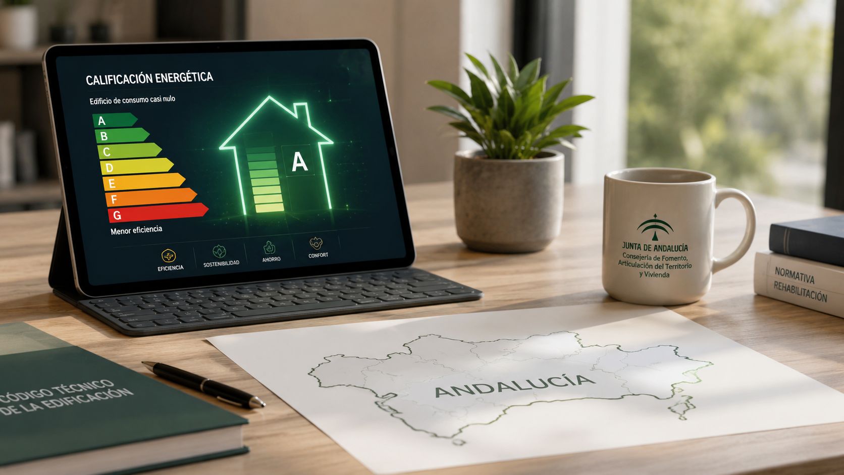 Certificados Energéticos | Tu certificación energética en Sevilla en 24h Tableta mostrando una certificación energética de viviendas junto a un mapa de Andalucía y una taza corporativa.
