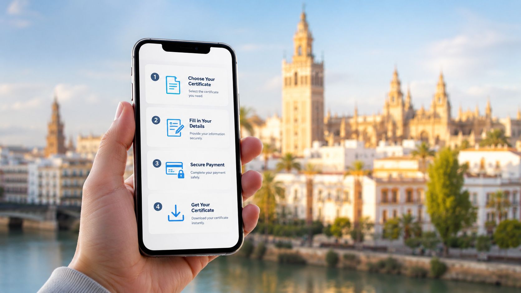 Certificados Energéticos | Tu certificación energética en Sevilla en 24h Una mano sosteniendo un teléfono móvil mostrando los pasos para obtener un certificado en un fondo de Sevilla.