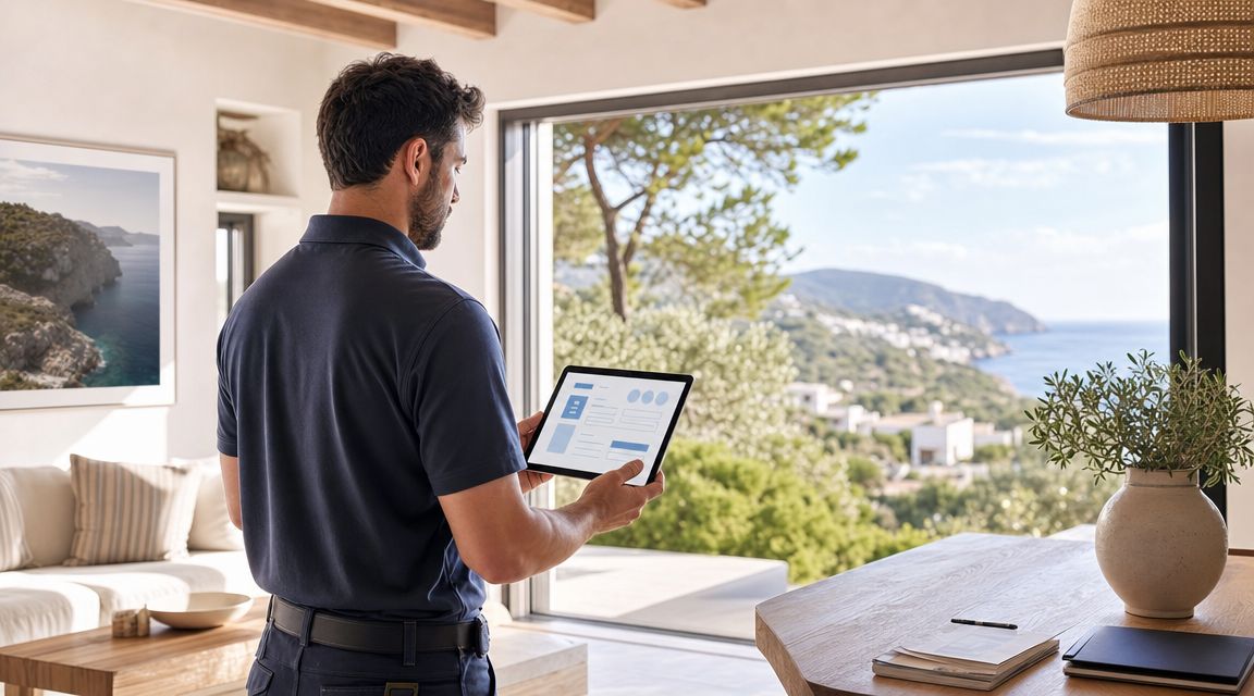 Certificados Energéticos | Registro Certificado Energético Baleares Un hombre revisando un certificado energético en su tableta digital frente a una vista costera