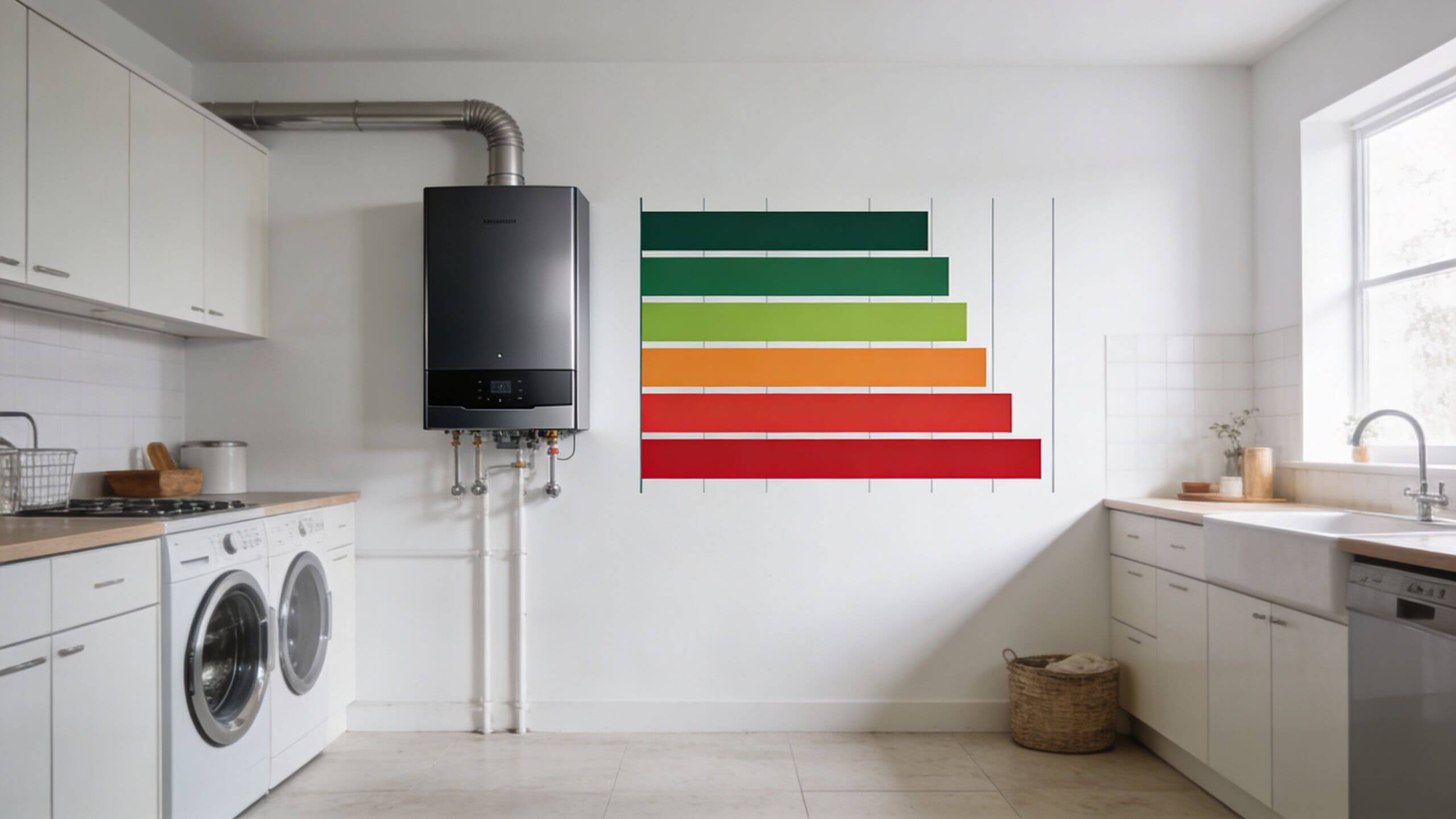 Certificados Energéticos | Certificado de Gas Valencia: Guía para Obtenerlo en 2026 Una caldera de gas instalada en una cocina moderna con una etiqueta de eficiencia energética al lado.