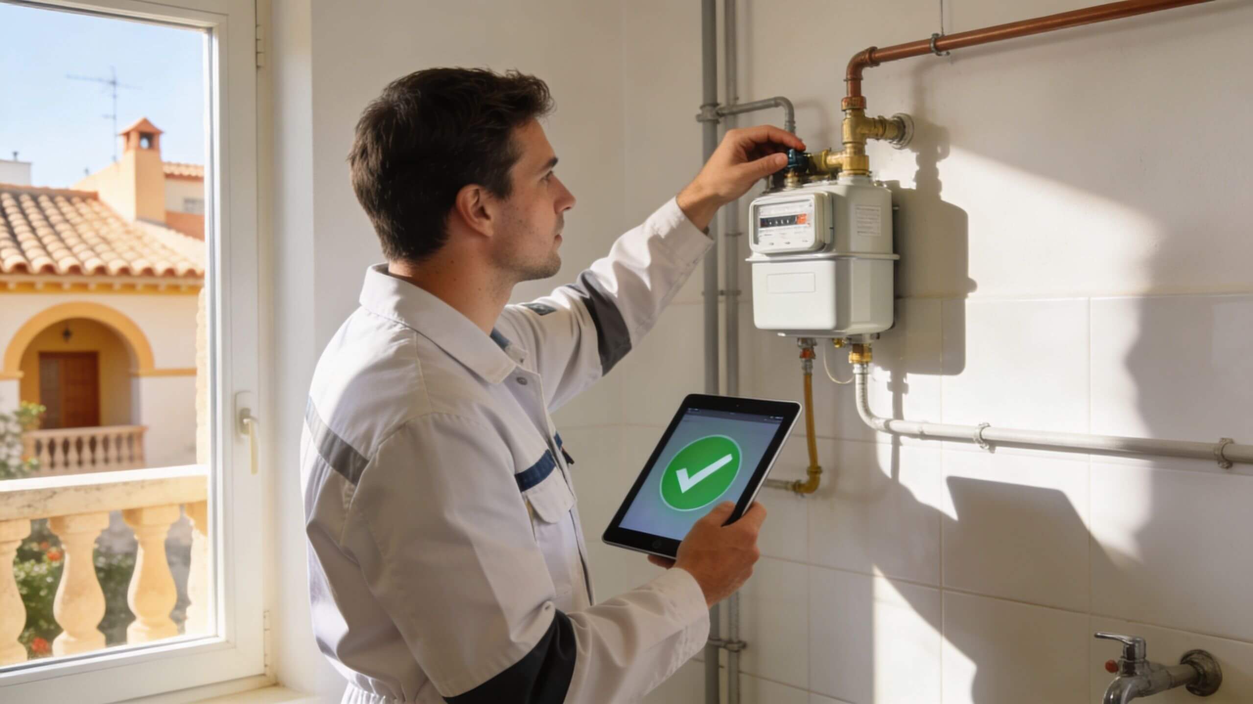 Certificados Energéticos | Certificado de Gas Valencia: Guía para Obtenerlo en 2026 Un técnico revisa un contador de gas doméstico y registra el resultado en su tableta electrónica digital.