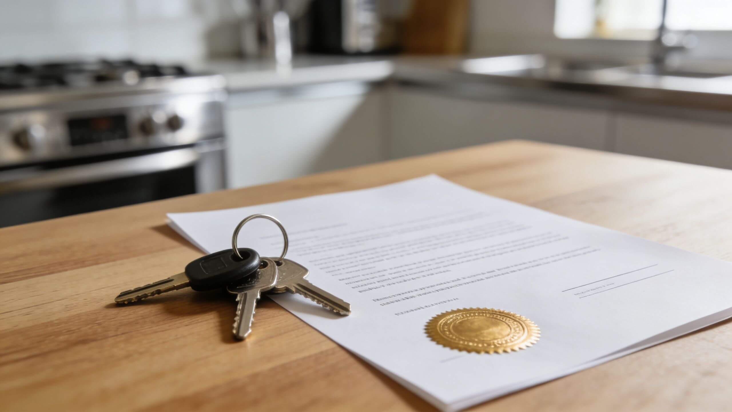 Certificados Energéticos | Certificado de Gas Valencia: Guía para Obtenerlo en 2026 Unas llaves de casa colocadas sobre un documento legal con un sello dorado sobre una mesa.