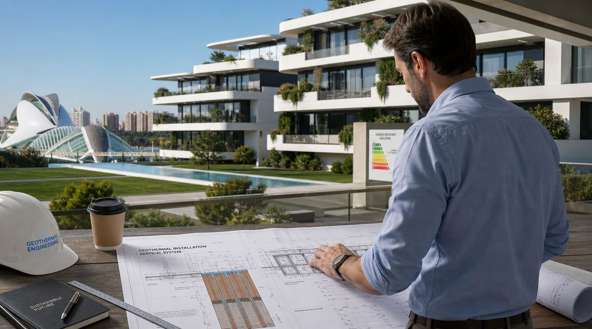 Certificados Energéticos | Instalación geotermia en Valencia: Guía completa 2026 Un ingeniero revisa planos de una instalación geotérmica frente a edificios modernos con un sistema eficiente.