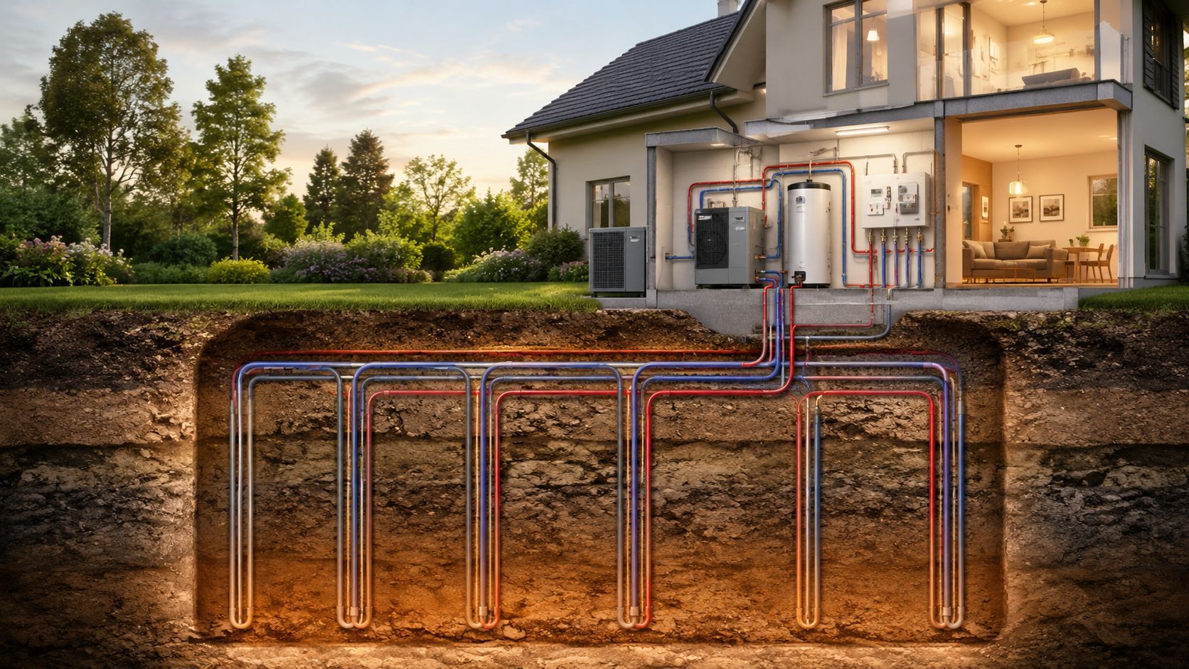 Certificados Energéticos | Instalación geotermia en Valencia: Guía completa 2026 Representación gráfica de una instalación de sistema geotérmico que conecta una casa con tuberías subterráneas para calefacción eficiente.