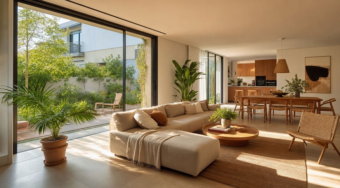 Certificados Energéticos | Instalación geotermia en Valencia: Guía completa 2026 Amplia sala de estar moderna con grandes ventanales, diseño abierto, muebles minimalistas y decoración natural cálida.