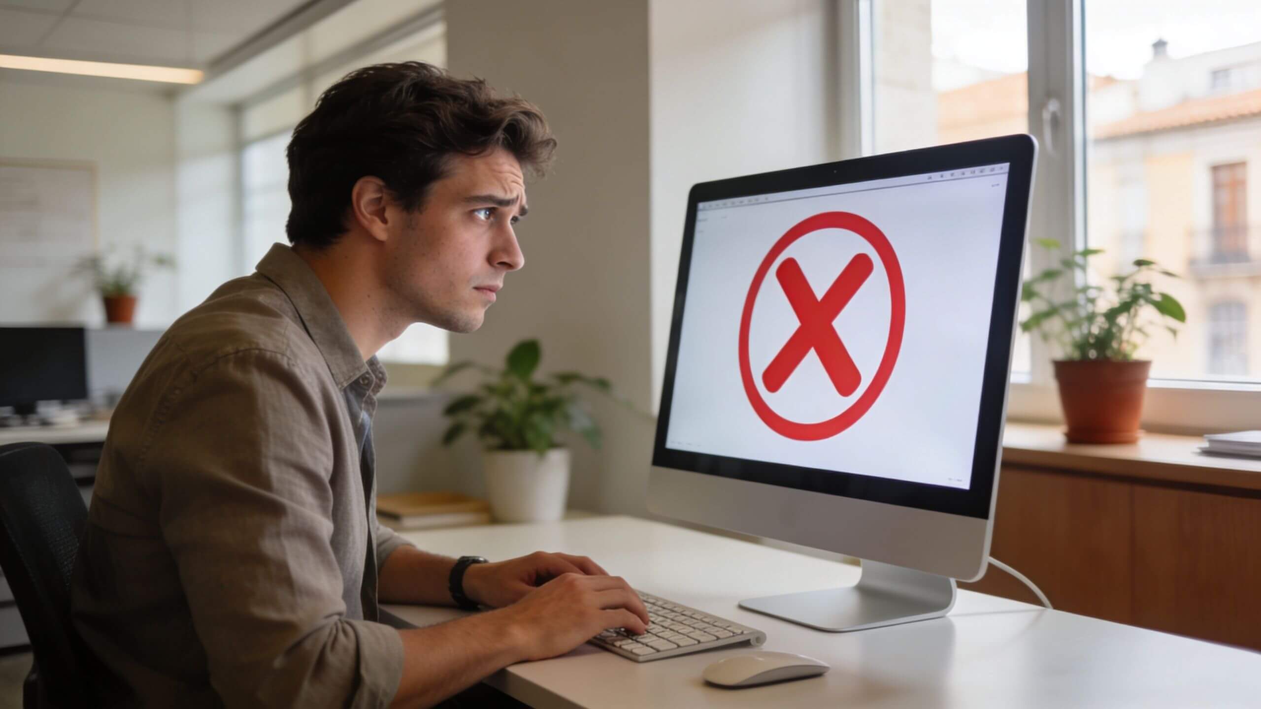 Certificados Energéticos | Registro CEE Madrid: Guía Completa 2026 y Trámite Rápido Un hombre joven se muestra preocupado frente a una computadora con una señal de error grande y roja.
