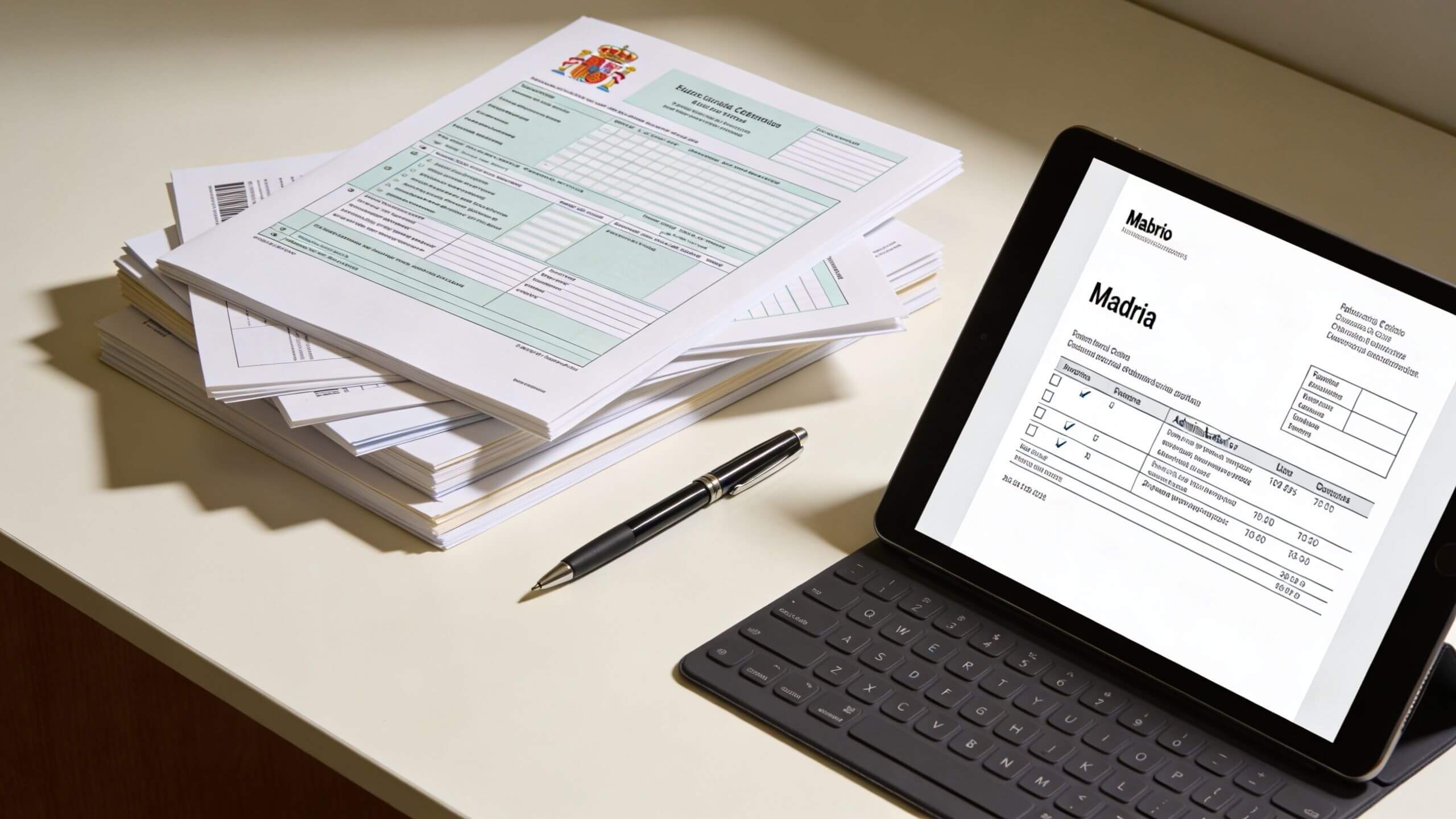 Certificados Energéticos | Registro CEE Madrid: Guía Completa 2026 y Trámite Rápido Una tableta electrónica, un bolígrafo y una pila de documentos oficiales sobre una mesa de oficina moderna.