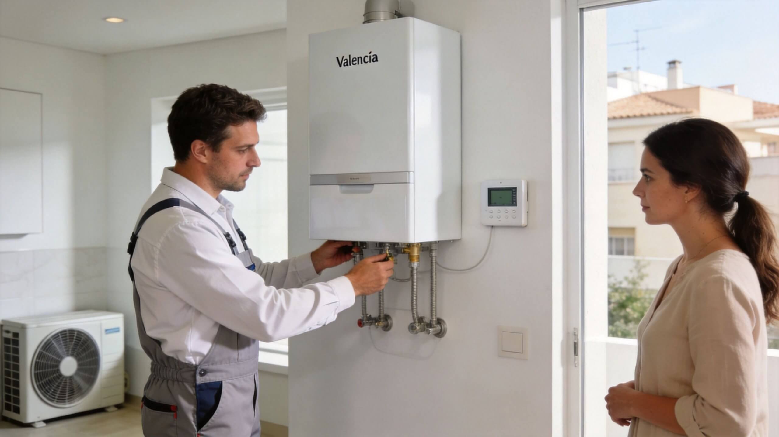 Certificados Energéticos | Guía de mantenimiento de instalaciones en Valencia 2026 Un técnico profesional realizando tareas de mantenimiento en una caldera de gas en una casa moderna.