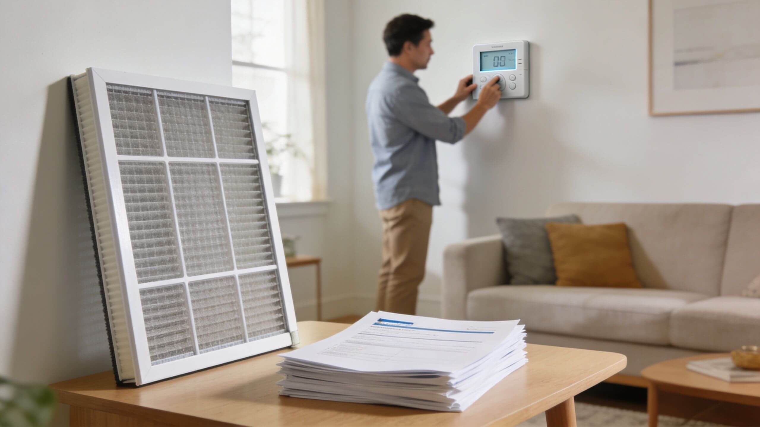 Certificados Energéticos | Guía de mantenimiento de instalaciones en Valencia 2026 Un hombre ajusta el termostato en una pared junto a un filtro de aire y documentos.