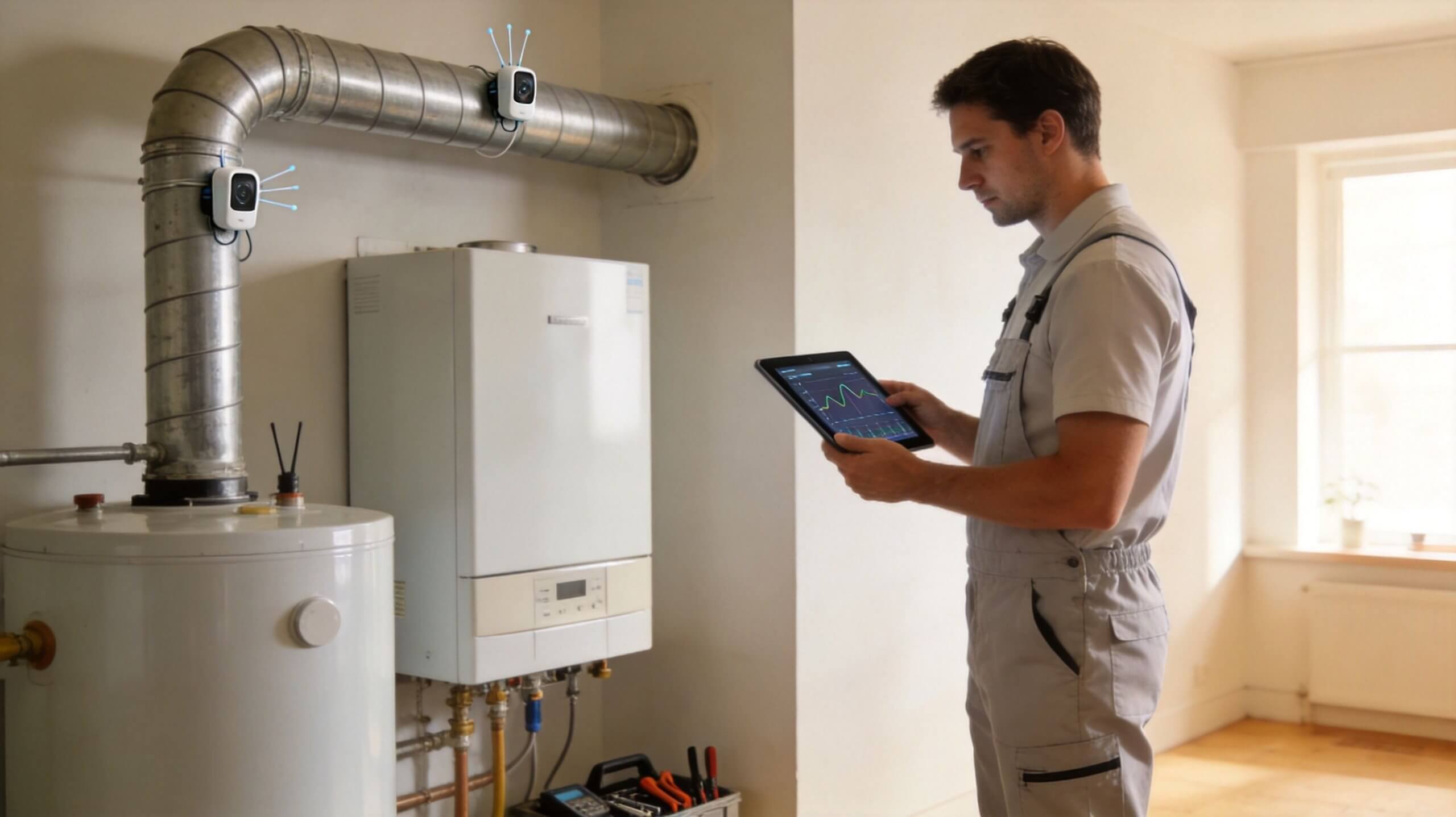 Certificados Energéticos | Guía de mantenimiento de instalaciones en Valencia 2026 Un técnico revisa una caldera industrial utilizando una tableta digital para monitorear el rendimiento del sistema.