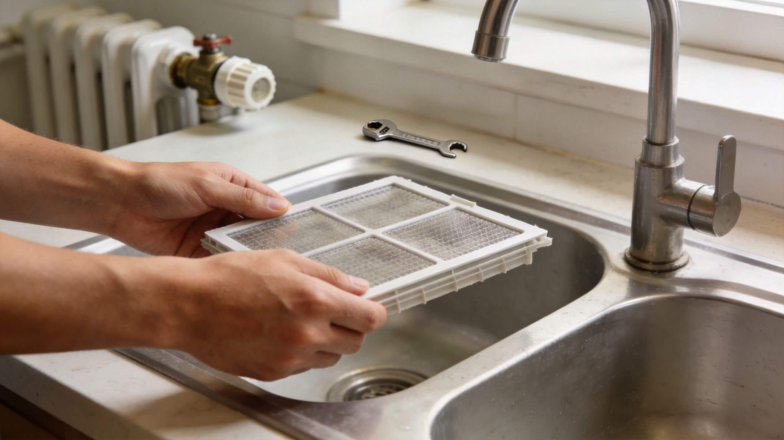 Certificados Energéticos | Guía de mantenimiento de instalaciones en Valencia 2026 Una persona sostiene un filtro de aire sucio sobre el fregadero de la cocina para limpiarlo adecuadamente.