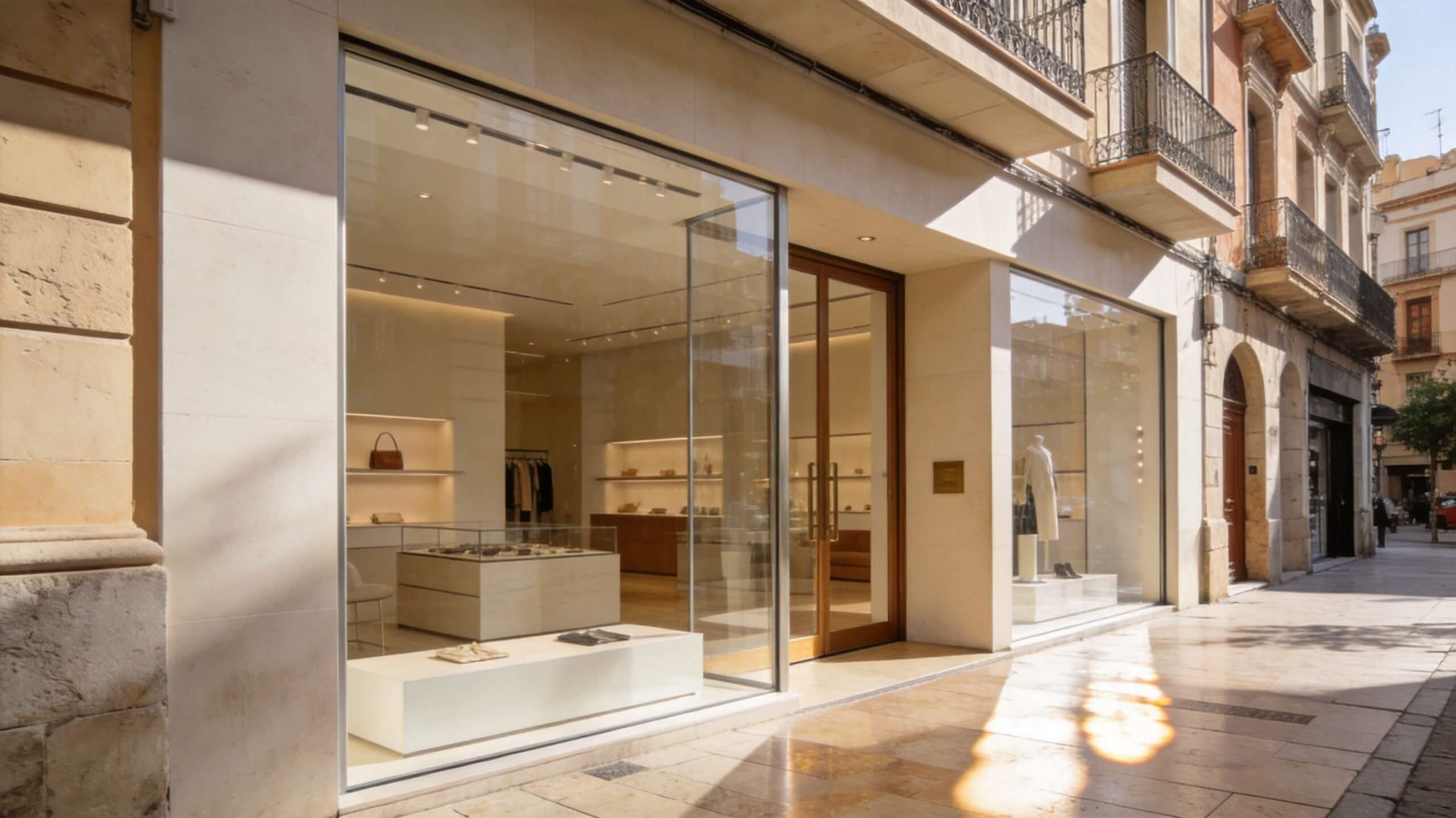 Certificados Energéticos | Licencia de Apertura de un Local en Valencia: Guía 2026 Fachada moderna de un local comercial con escaparate acristalado, iluminación interior y mobiliario minimalista de diseño elegante.