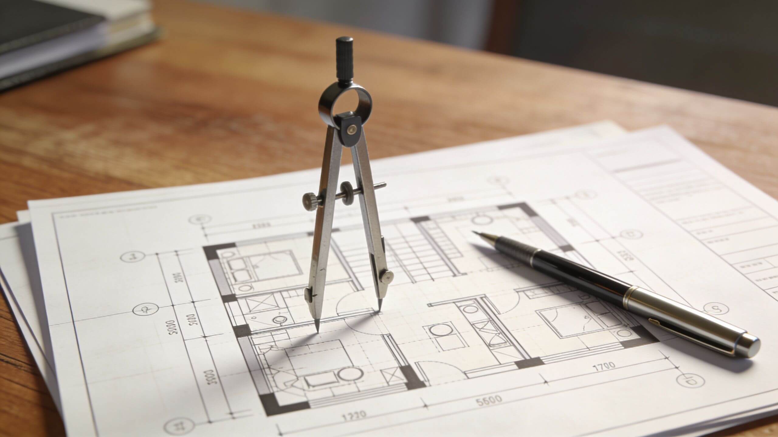 Certificados Energéticos | Licencia de Apertura de un Local en Valencia: Guía 2026 Compás de dibujo profesional sobre planos arquitectónicos detallados de una casa en una mesa de madera.