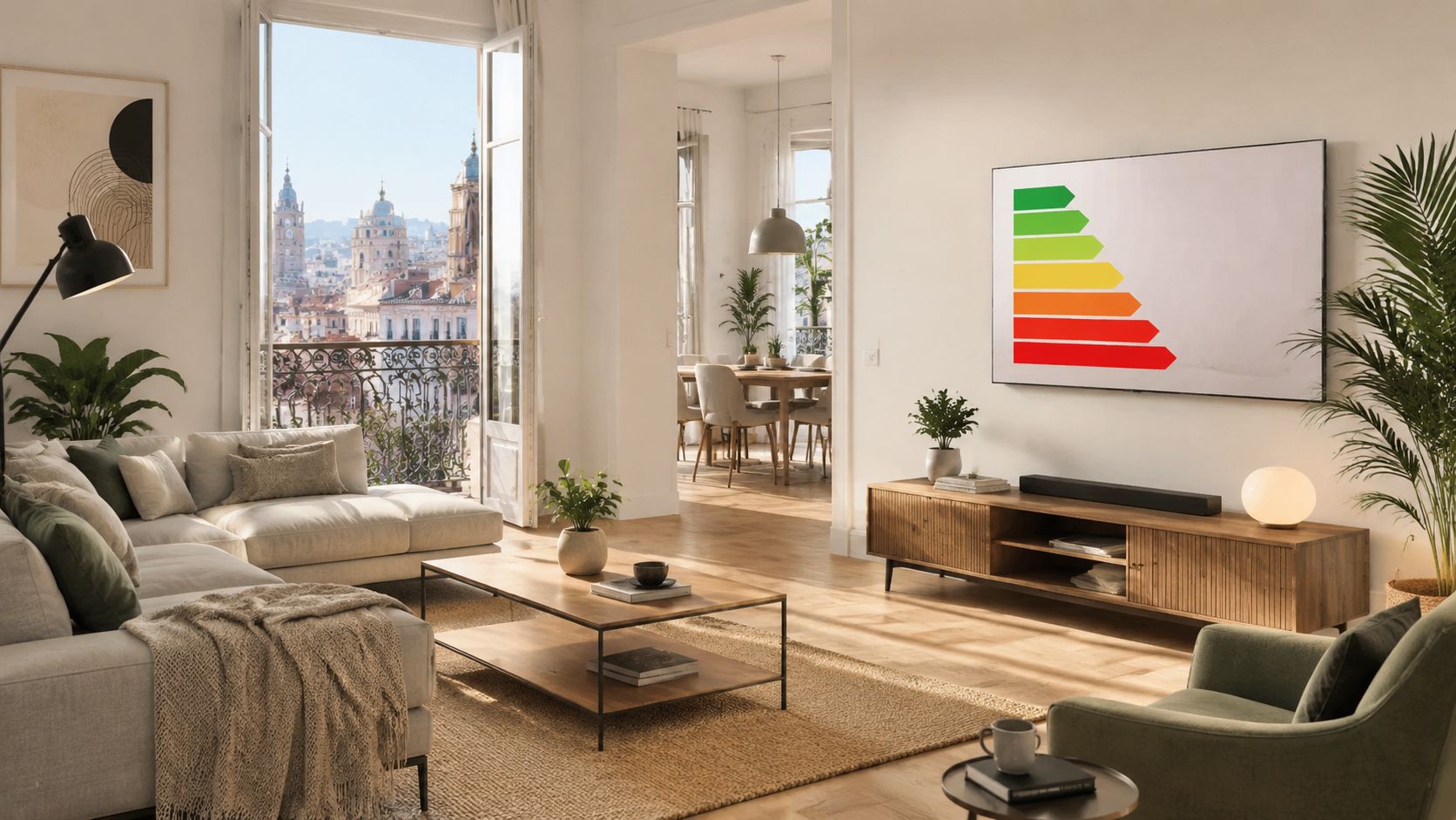 Certificados Energéticos | Expertos en división de propiedades Valencia 2026 Una sala de estar luminosa con muebles de madera, televisión y una terraza con vistas a ciudad.