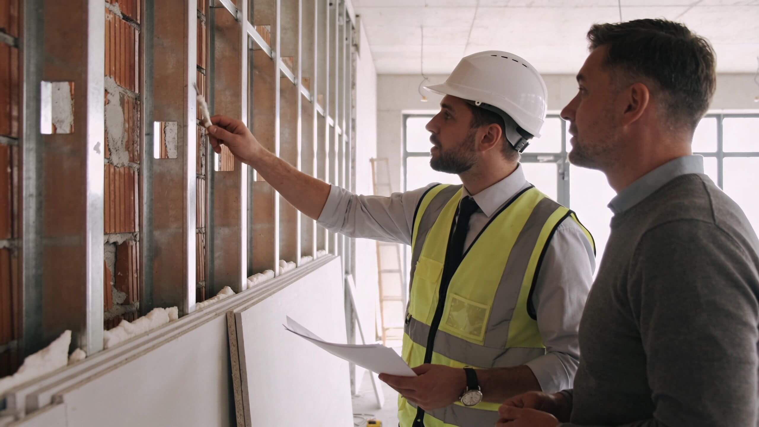 Certificados Energéticos | Proyecto de reforma en Valencia: Guía completa y CEE Un ingeniero con casco y chaleco reflectante explica los detalles técnicos de una reforma a un cliente.