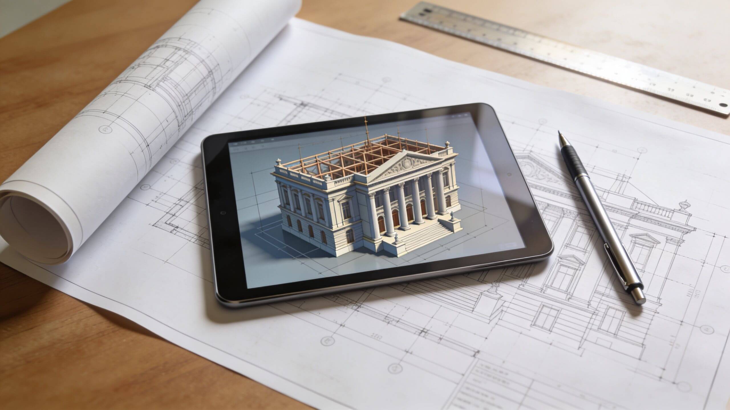 Certificados Energéticos | Proyecto de rehabilitacion en Valencia: Guía completa 2026 Una tableta electrónica muestra el modelo tridimensional de un edificio clásico sobre unos planos arquitectónicos desplegados.