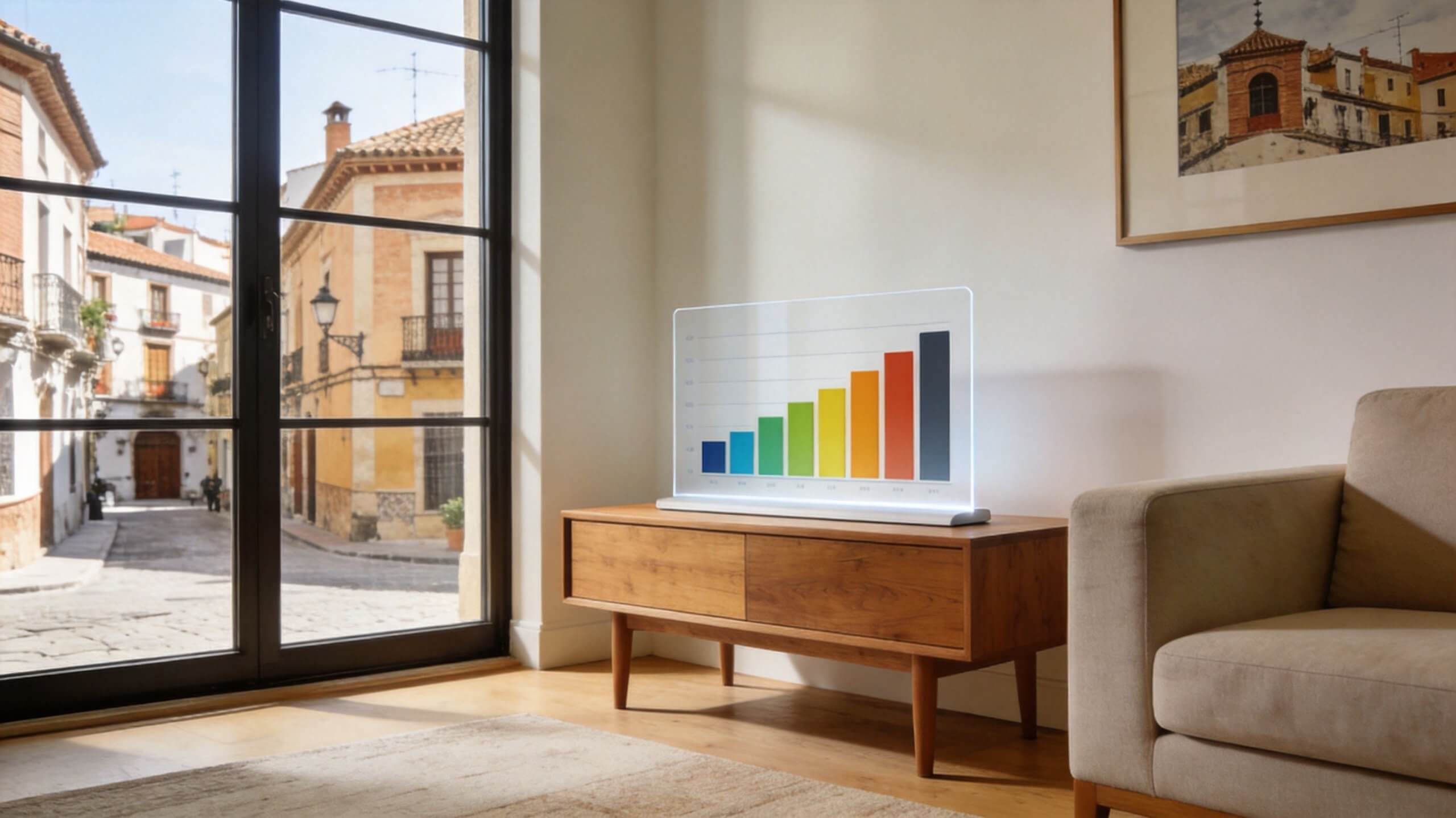 Certificados Energéticos | Proyecto de rehabilitacion en Valencia: Guía completa 2026 Una pantalla de cristal transparente mostrando un gráfico de barras colorido en un salón moderno y luminoso.
