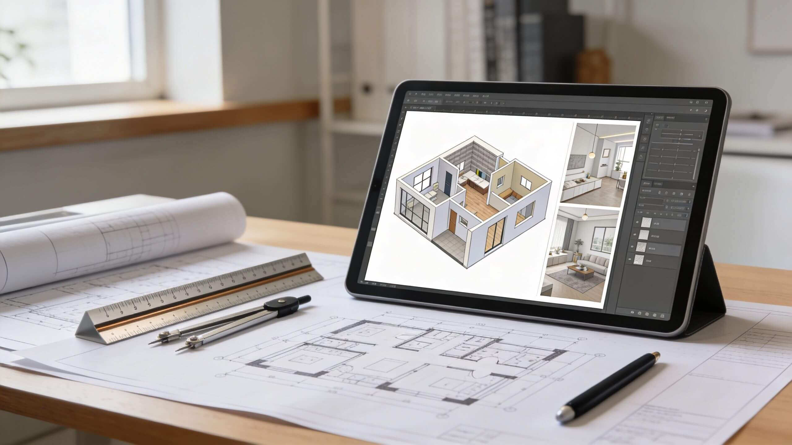 Certificados Energéticos | Proyecto de reforma en Valencia: Guía completa y CEE Tableta mostrando un plano arquitectónico en 3D sobre una mesa de trabajo con herramientas de diseño profesional.