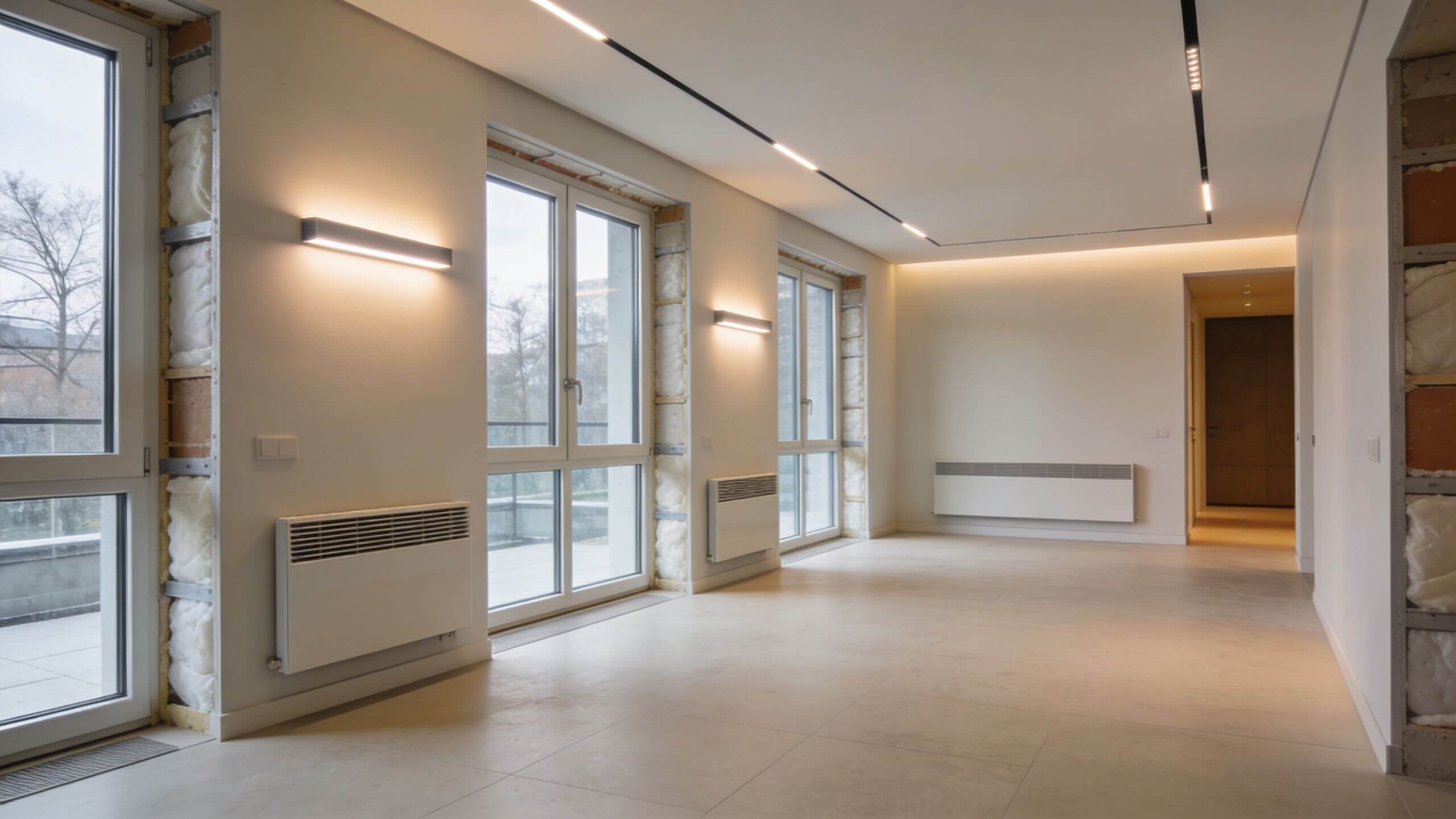 Certificados Energéticos | Proyecto de reforma en Valencia: Guía completa y CEE Habitación moderna y espaciosa en proceso de reforma con paredes inacabadas, iluminación empotrada y grandes ventanales luminosos.