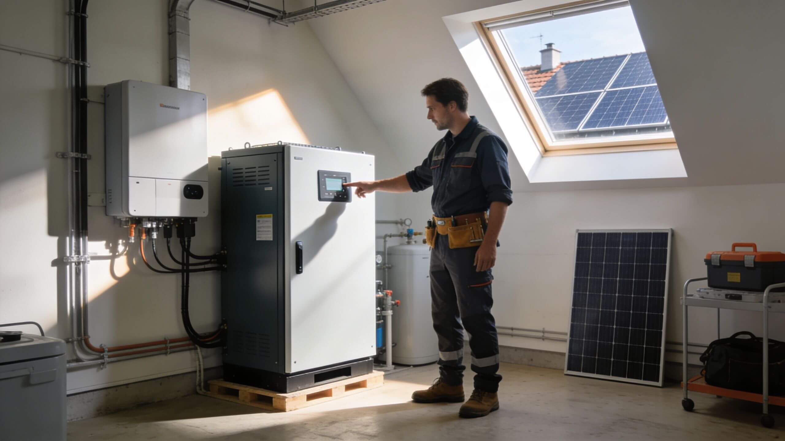 Certificados Energéticos | Guía de Subvenciones para Placas Solares del Gobierno 2026 Técnico revisando un sistema de almacenamiento con batería para placas solares
