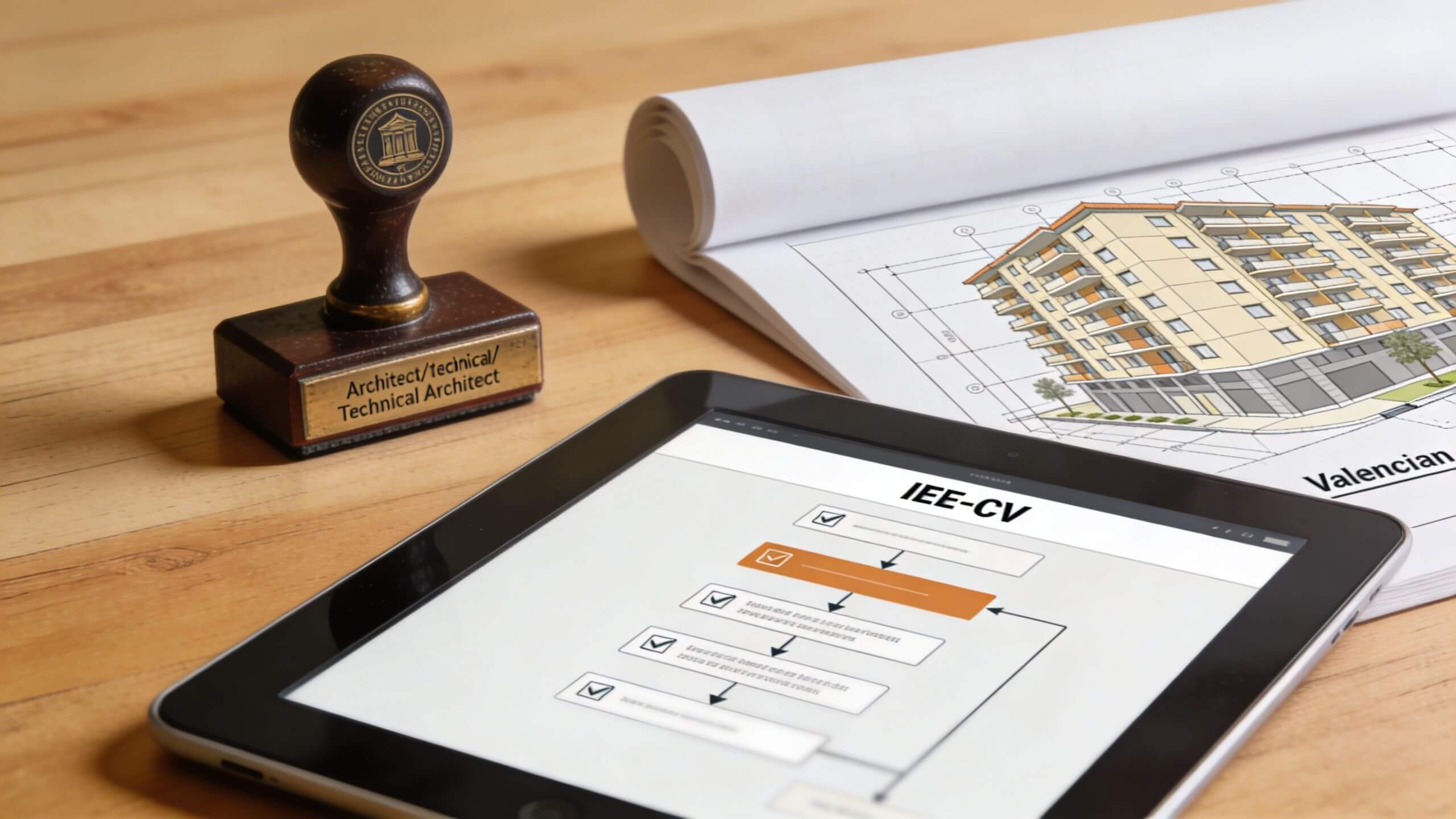 Certificados Energéticos | Inspección técnica de edificios precios: Inspección Técnica Sello de arquitecto técnico sobre plano arquitectónico junto a una tableta mostrando un diagrama de flujo de inspección.