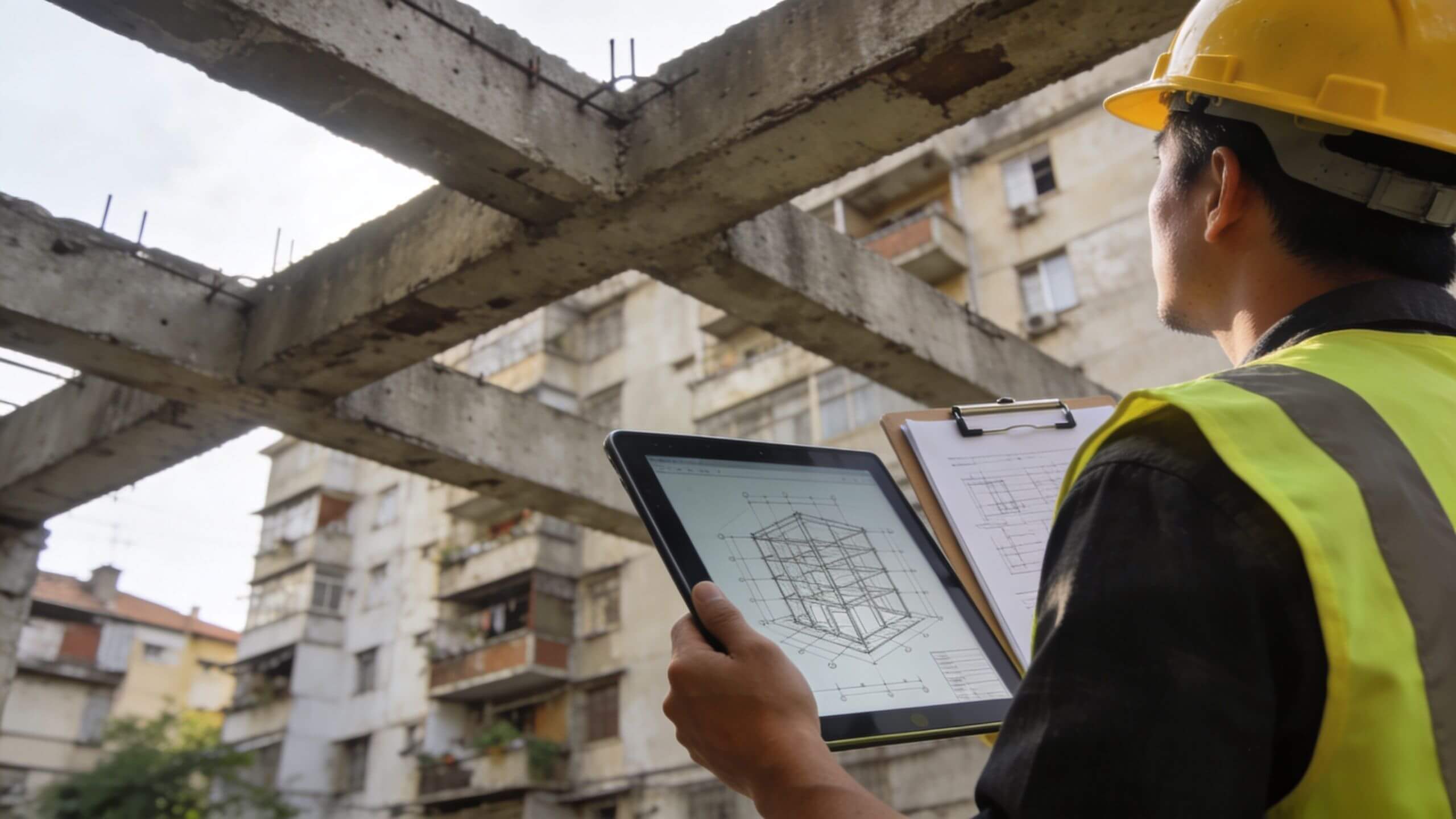 Certificados Energéticos | Inspección técnica de edificios precios: Inspección Técnica Un inspector de obras con casco amarillo revisa planos digitales en una tableta en una construcción