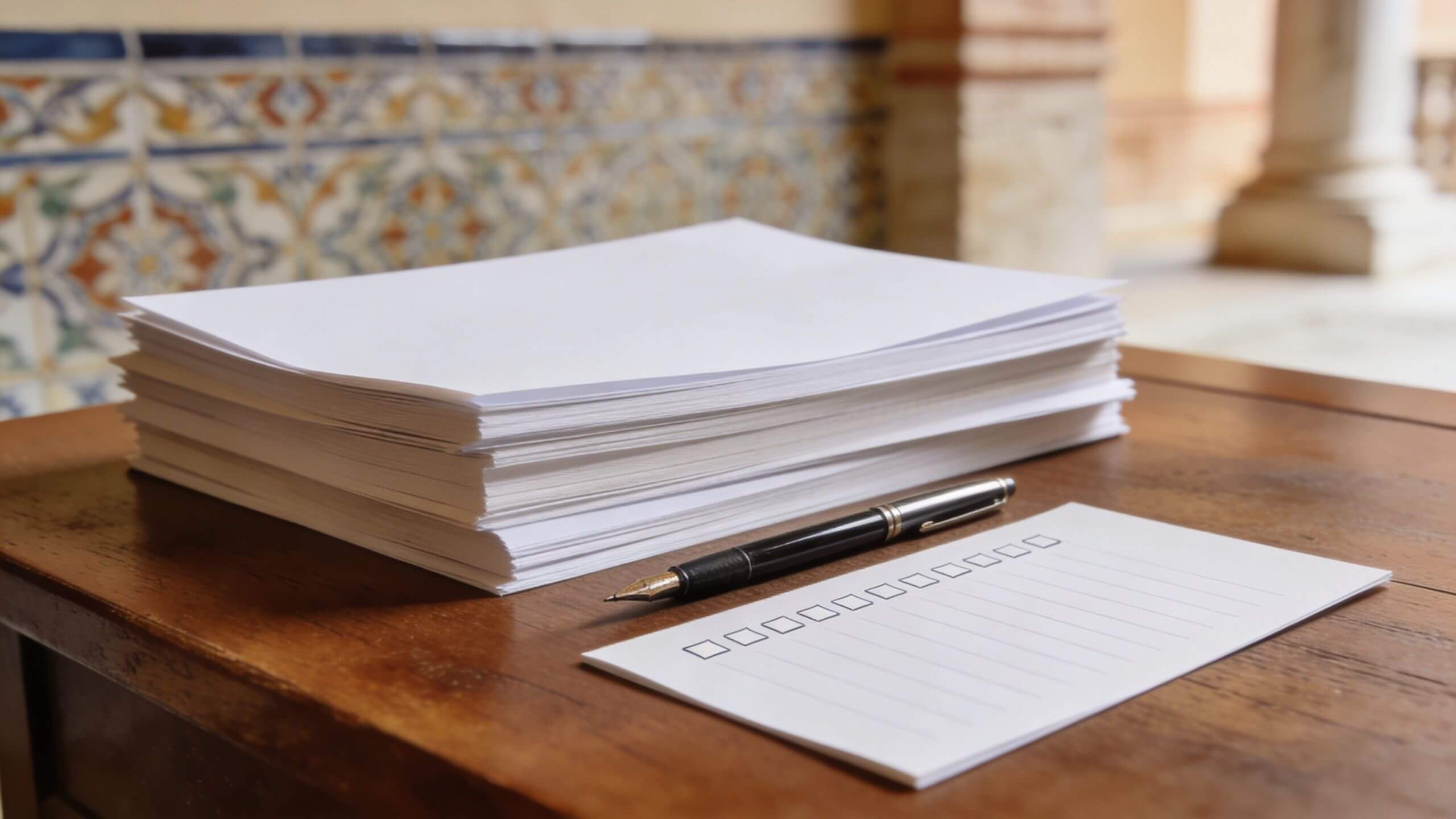 Certificados Energéticos | Licencia turistica Comunidad Valenciana: Guía 2026 Una pila de papeles blancos y una hoja con lista de verificación sobre una mesa de madera.