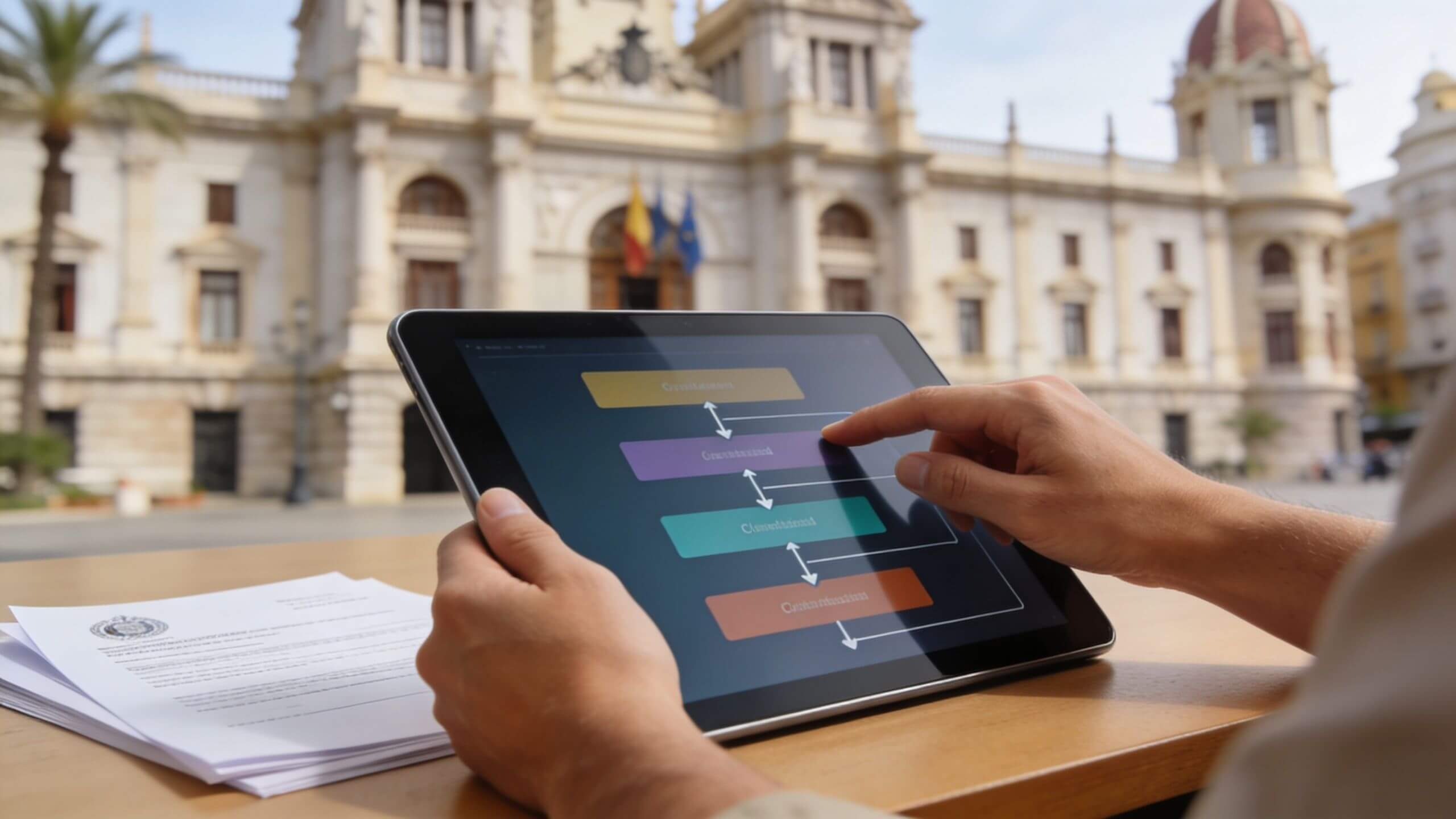 Certificados Energéticos | Licencia turistica Comunidad Valenciana: Guía 2026 Una persona sostiene una tableta digital mostrando un diagrama de flujo frente a un edificio histórico.