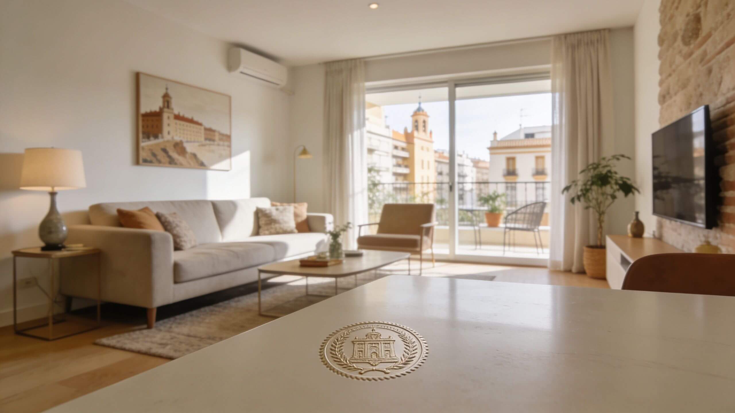 Certificados Energéticos | Licencia turistica Comunidad Valenciana: Guía 2026 Vista de un salón moderno luminoso con un balcón que muestra edificios históricos al fondo.