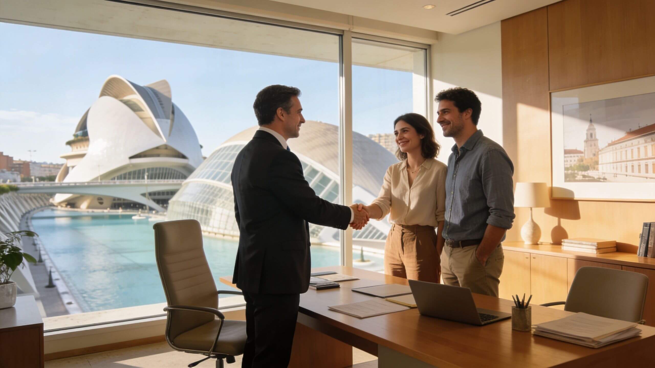 Certificados Energéticos | Aprende que es un Broker Inmobiliario y sus ventajas en 2026 Un agente inmobiliario estrecha la mano de una pareja joven en una oficina moderna con vistas panorámicas.