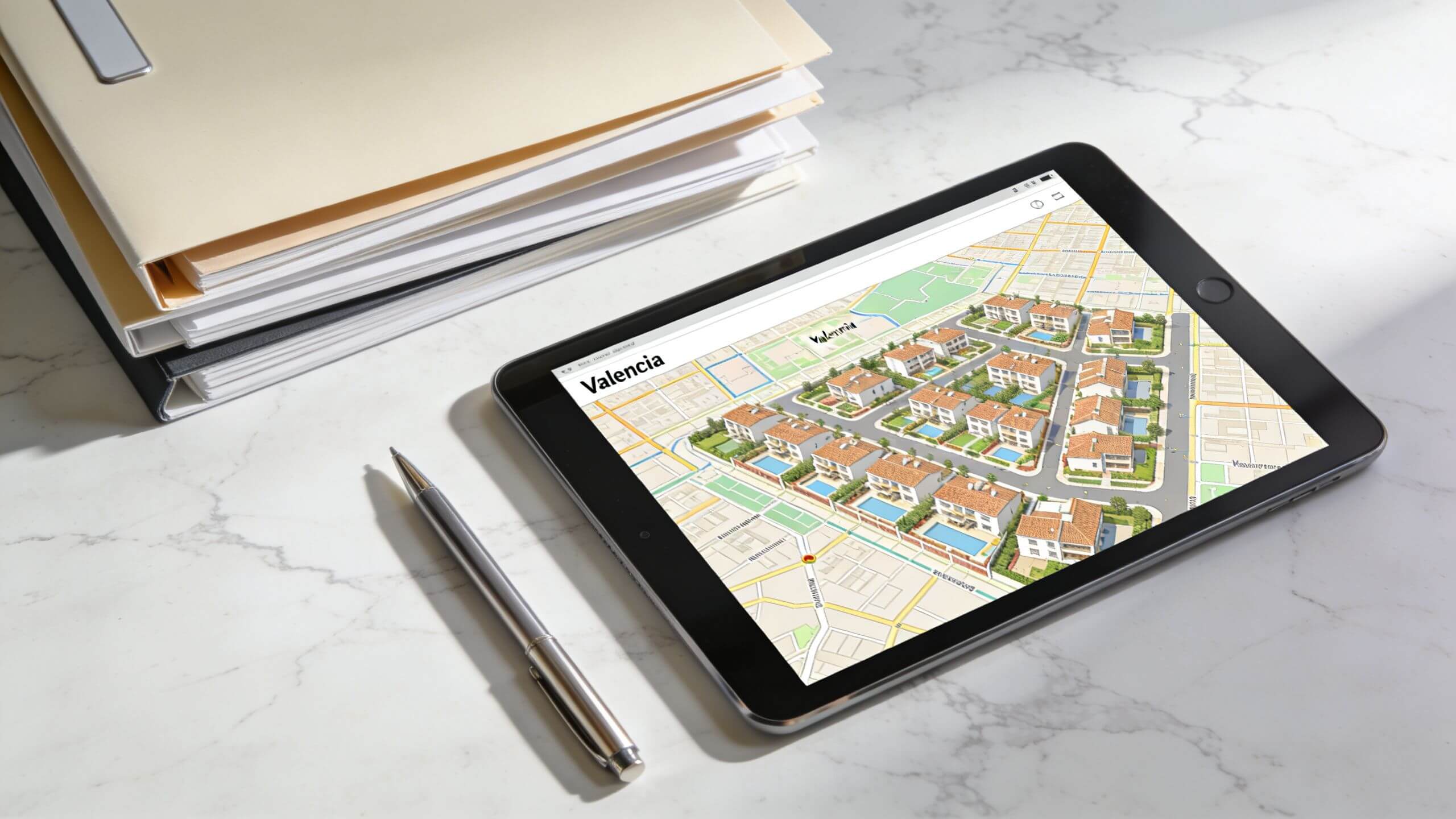 Certificados Energéticos | Aprende que es un Broker Inmobiliario y sus ventajas en 2026 Una tableta digital mostrando un mapa inmobiliario de Valencia sobre una mesa con una pluma y documentos.