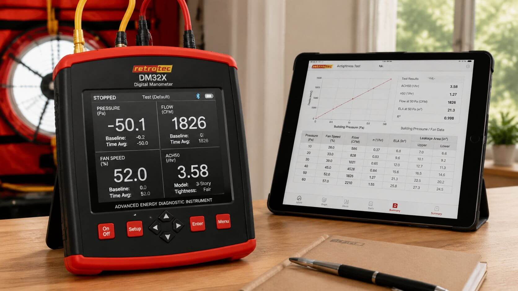 Certificados Energéticos | Blower door test Valencia: Mejora tu CEE y ahorra en 2026 Un dispositivo de medición Retrotec DM32X junto a una tableta mostrando datos de una prueba de hermeticidad.