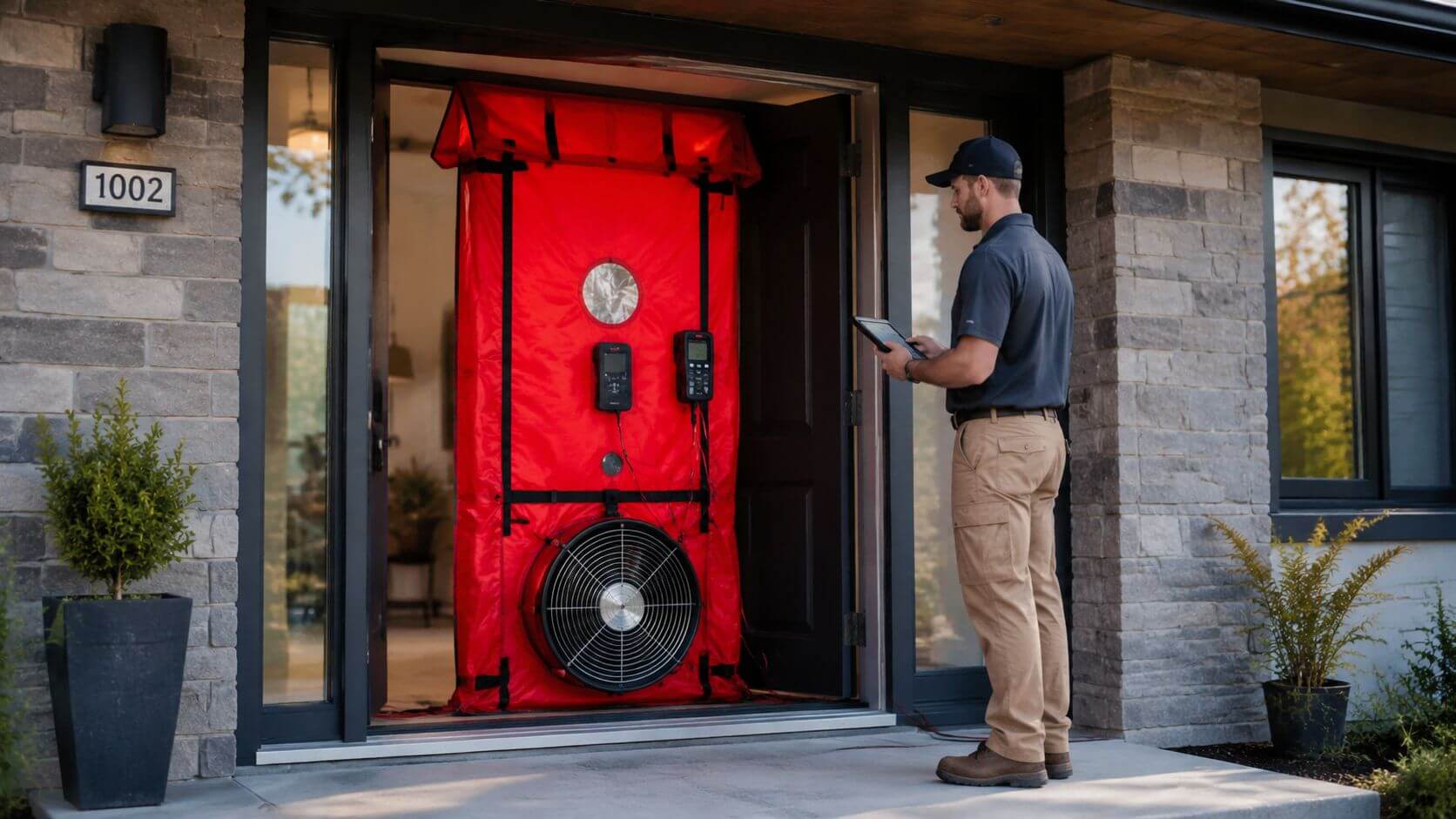 Certificados Energéticos | Blower door test Valencia: Mejora tu CEE y ahorra en 2026 Un técnico realiza una prueba de hermeticidad con un equipo de puerta soplante en la entrada de casa.