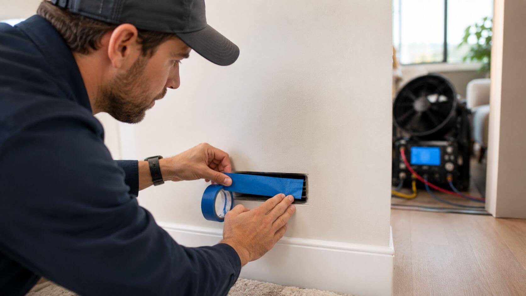 Certificados Energéticos | Blower door test Valencia: Mejora tu CEE y ahorra en 2026 Un técnico sellando una rejilla de ventilación en una pared con cinta azul para pruebas de hermeticidad.