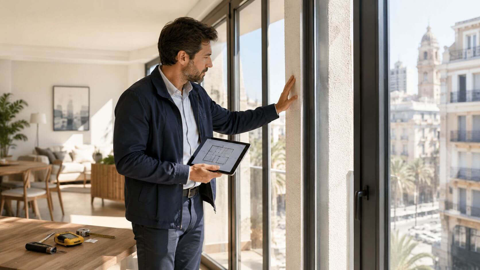 Certificados Energéticos | Planos y mapas para tu CEE: Guía completa Valencia 2026 Un arquitecto profesional revisando planos en su tableta mientras inspecciona una ventana en una vivienda moderna.