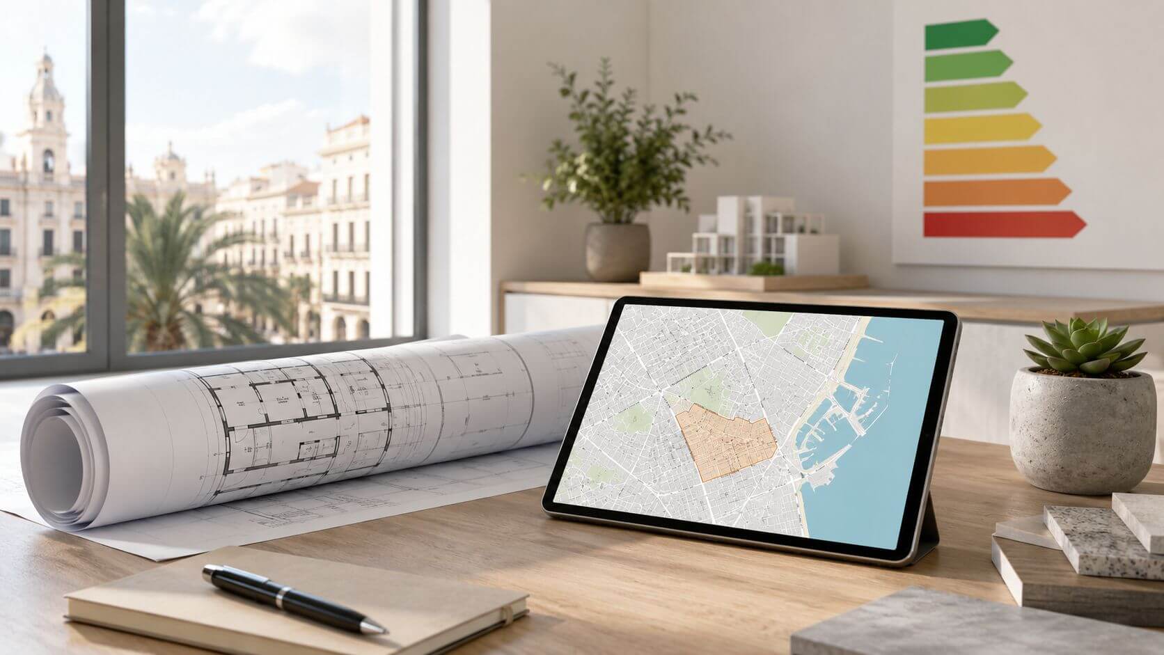 Certificados Energéticos | Planos y mapas para tu CEE: Guía completa Valencia 2026 Tableta mostrando un mapa digital de la ciudad junto a planos arquitectónicos en un escritorio moderno.