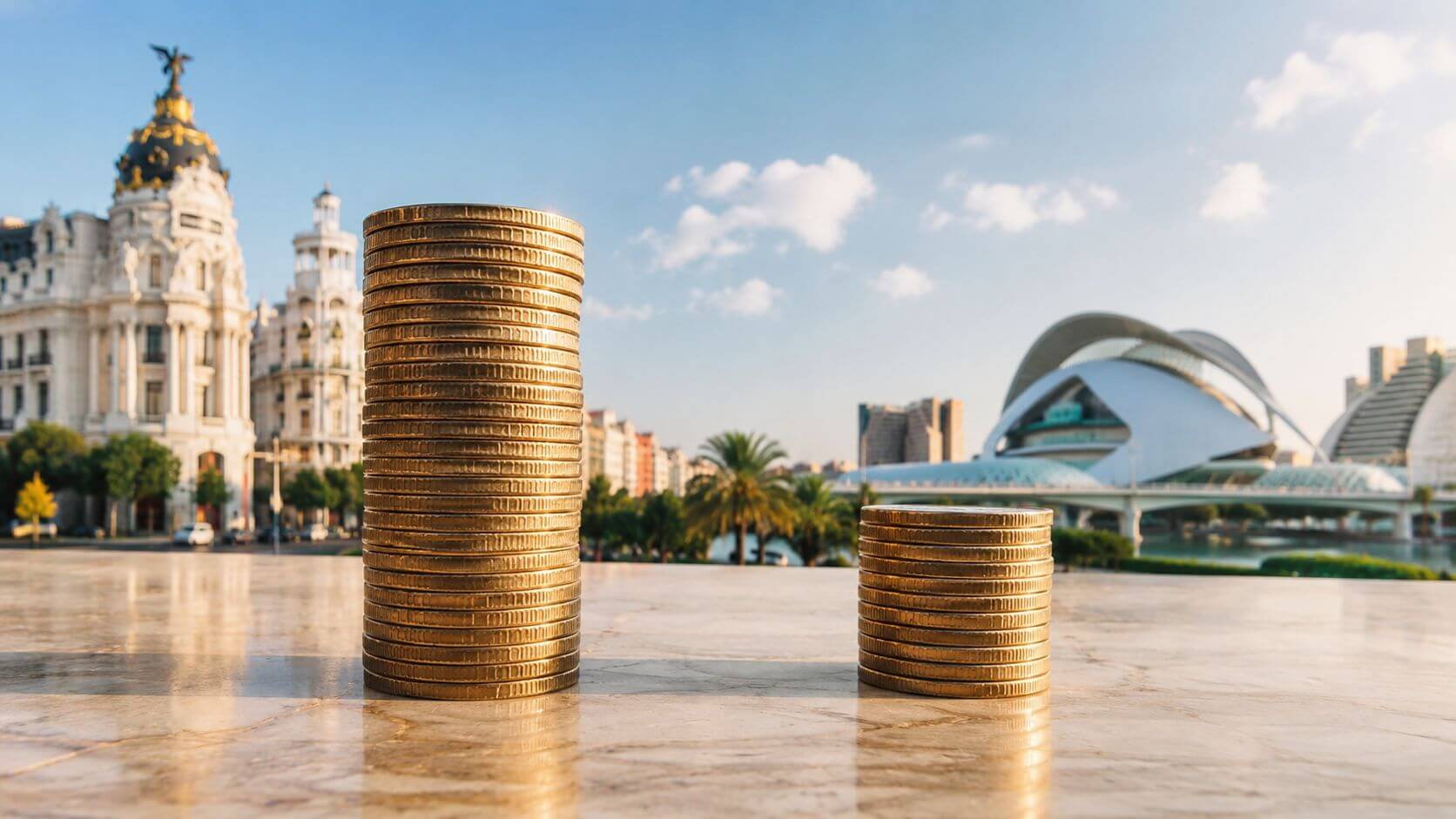 Certificados Energéticos | Todo sobre la Cedula de Habitabilidad Madrid en 2026 Dos pilas de monedas doradas con edificios emblemáticos de Madrid de fondo bajo un cielo despejado.