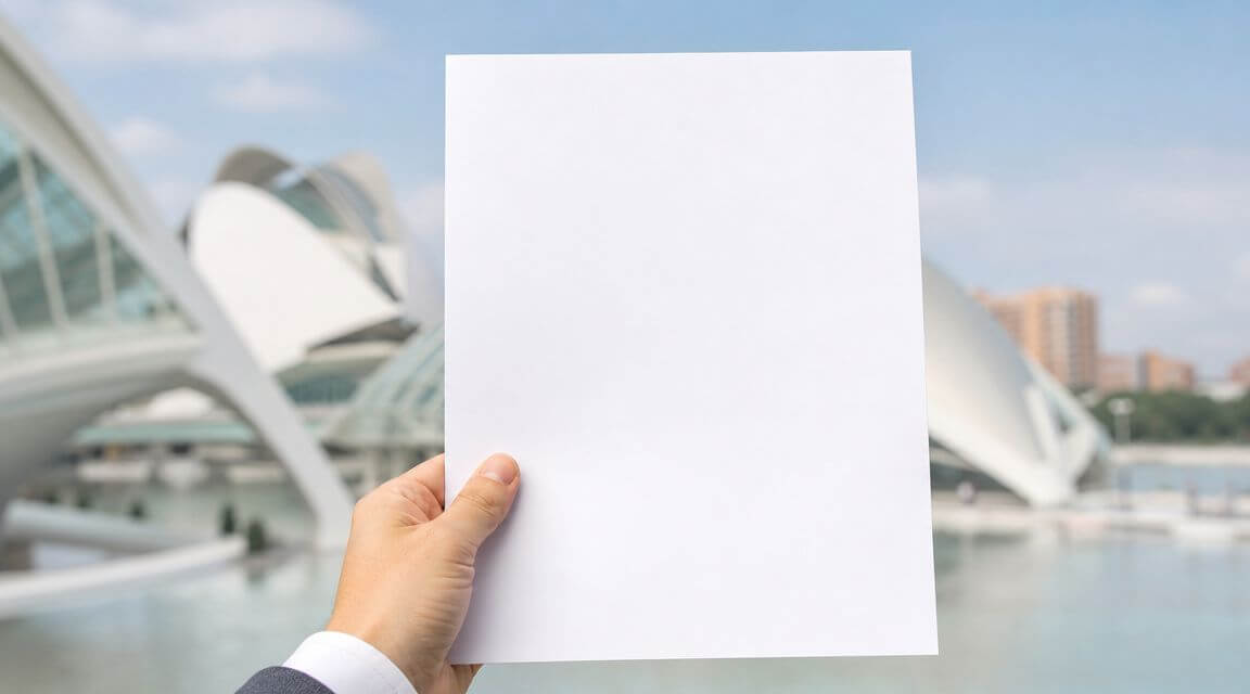 Certificados Energéticos | Certificado de idoneidad en Valencia: Guía y relación CEE Una mano sosteniendo una hoja de papel en blanco con un edificio moderno de fondo al aire libre.